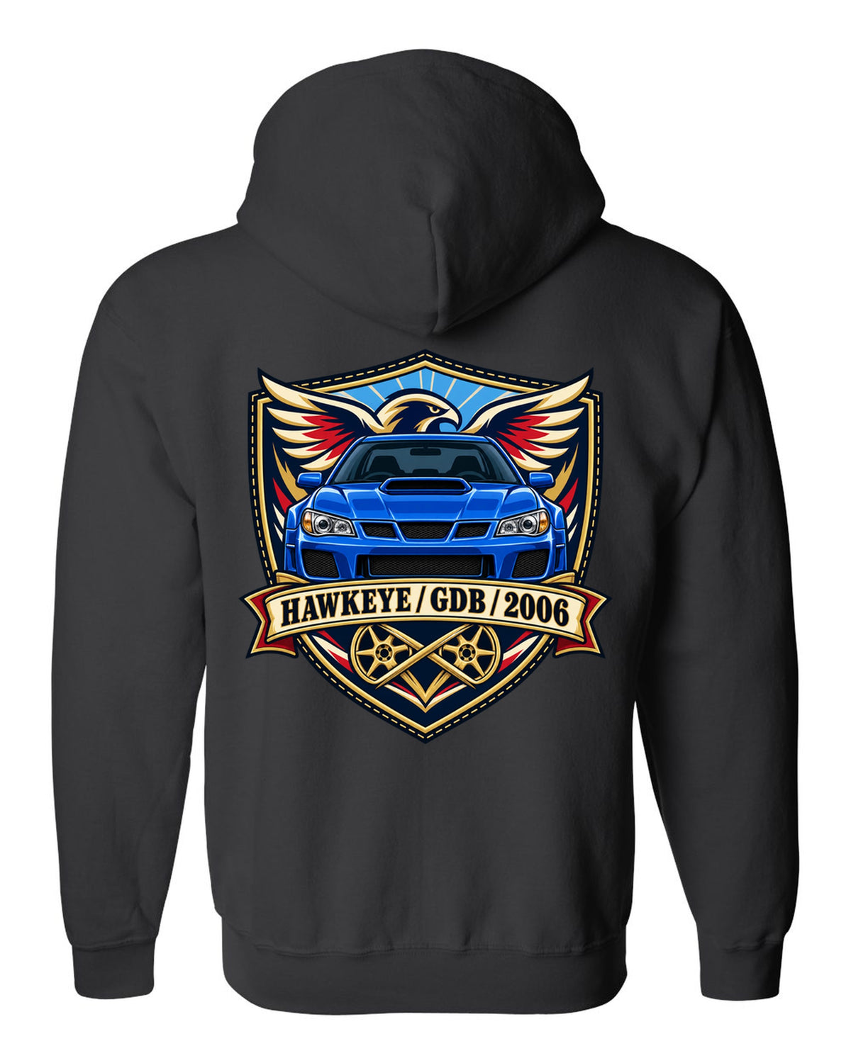 Subaru Impreza WRX STI GDB Hawkeye varsity crest print reading HAWKEYE / GDB / 2006 black zip hoodie back view with the design