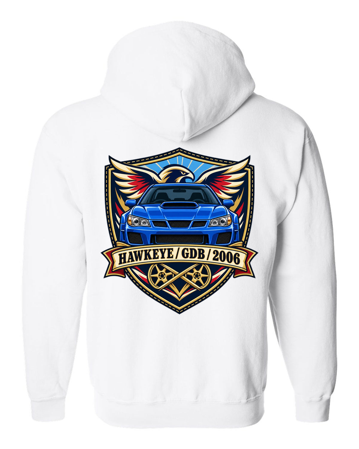 Subaru Impreza WRX STI GDB Hawkeye varsity crest print reading HAWKEYE / GDB / 2006 white zip hoodie back view with the design