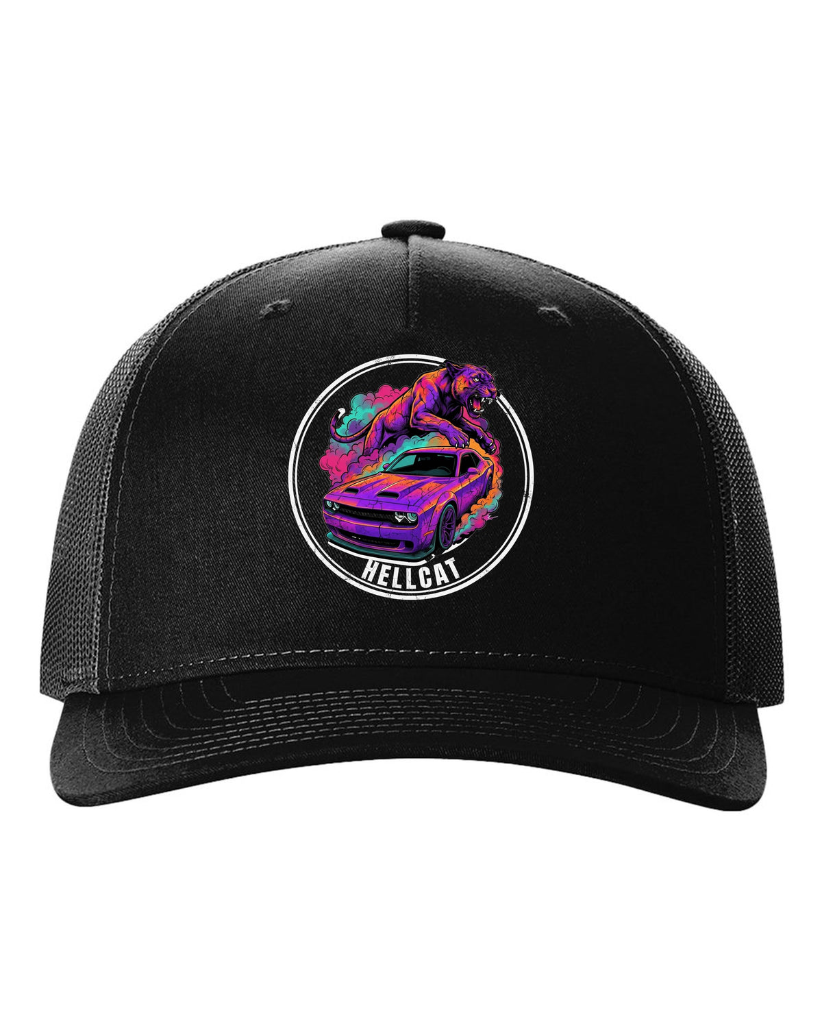 Dodge Challenger Hellcat black trucker hat front view with the design