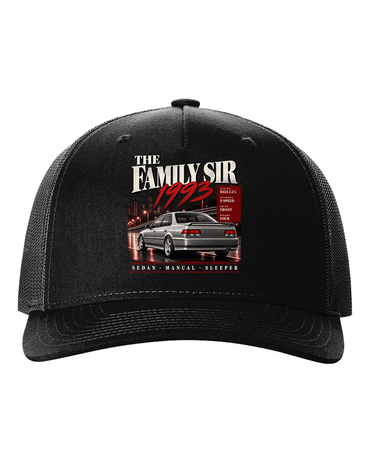 Archive panel print for the Honda Accord CD6 SiR sedan reading The Family Sir 1993 black hat front view with the design