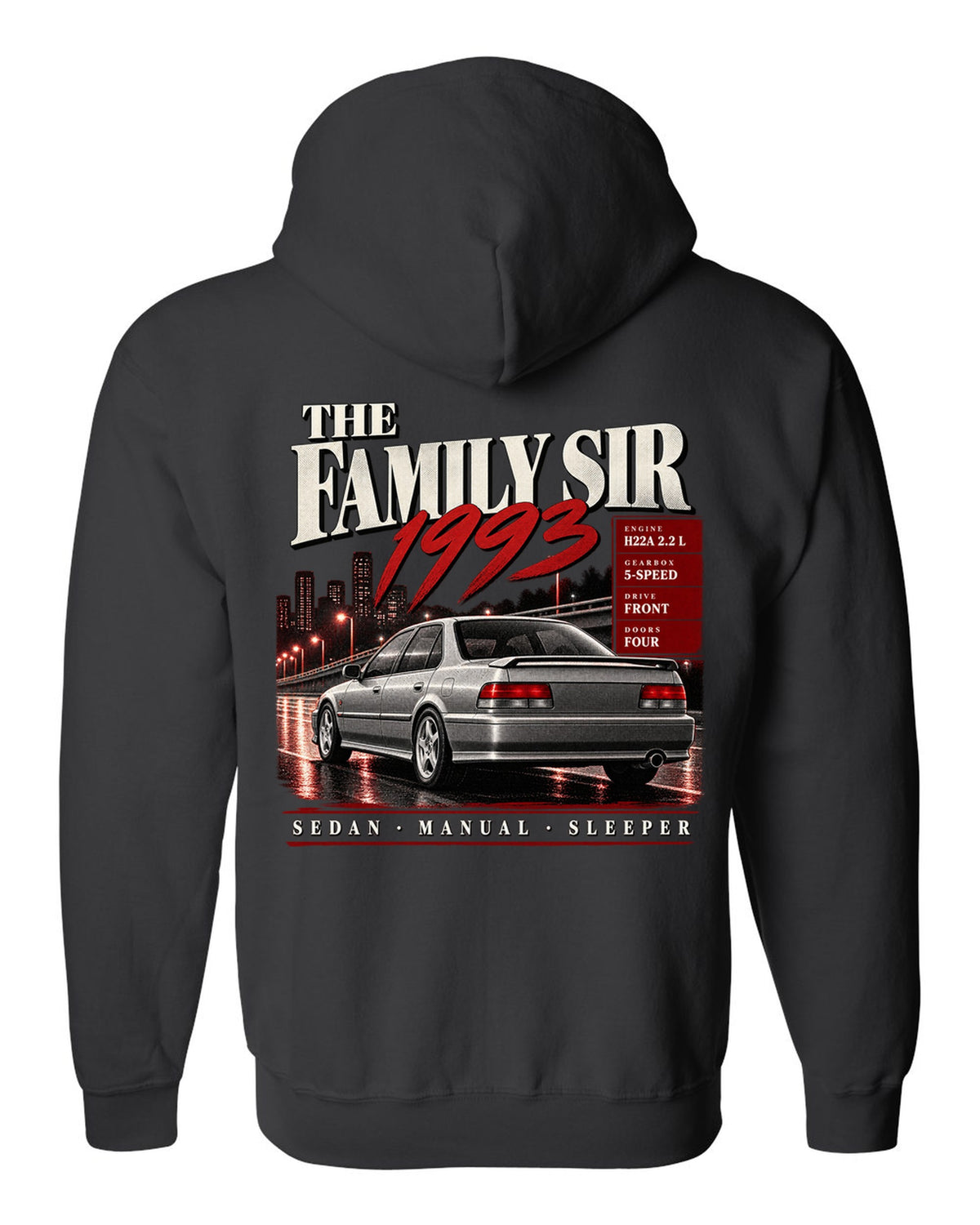 Archive panel print for the Honda Accord CD6 SiR sedan reading The Family Sir 1993 black zip hoodie back view with the design