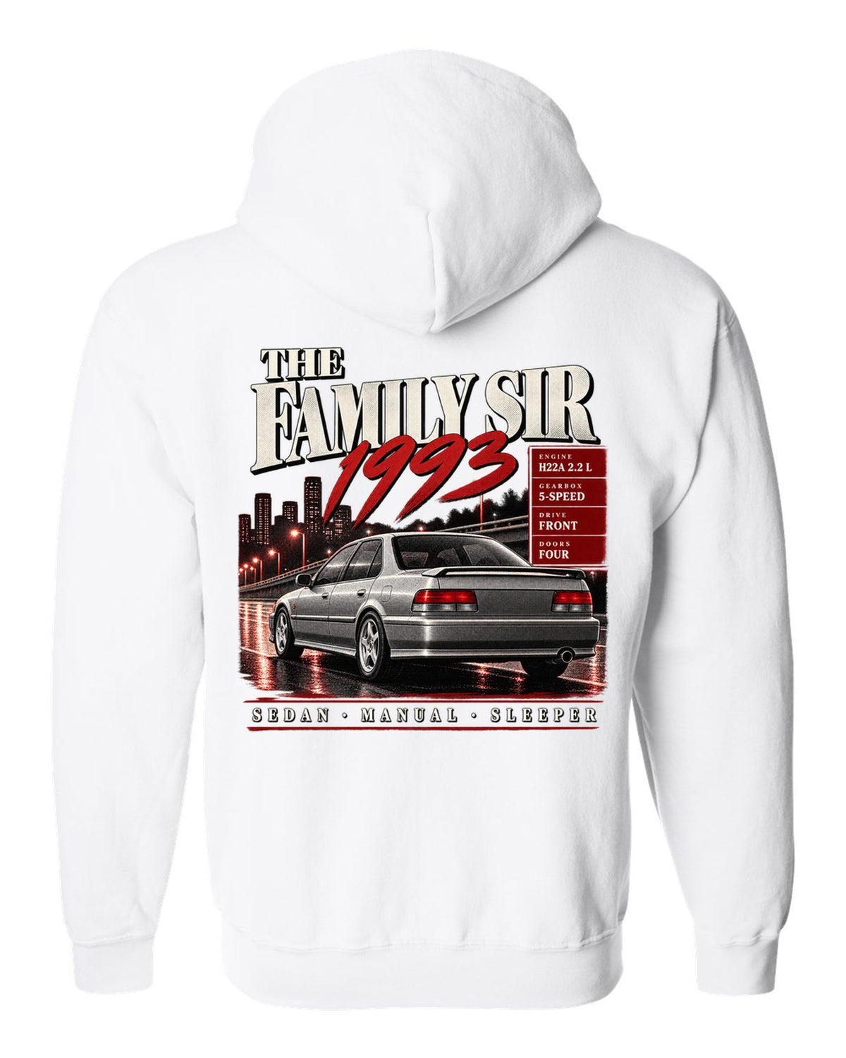 Archive panel print for the Honda Accord CD6 SiR sedan reading The Family Sir 1993 white zip hoodie back view with the design