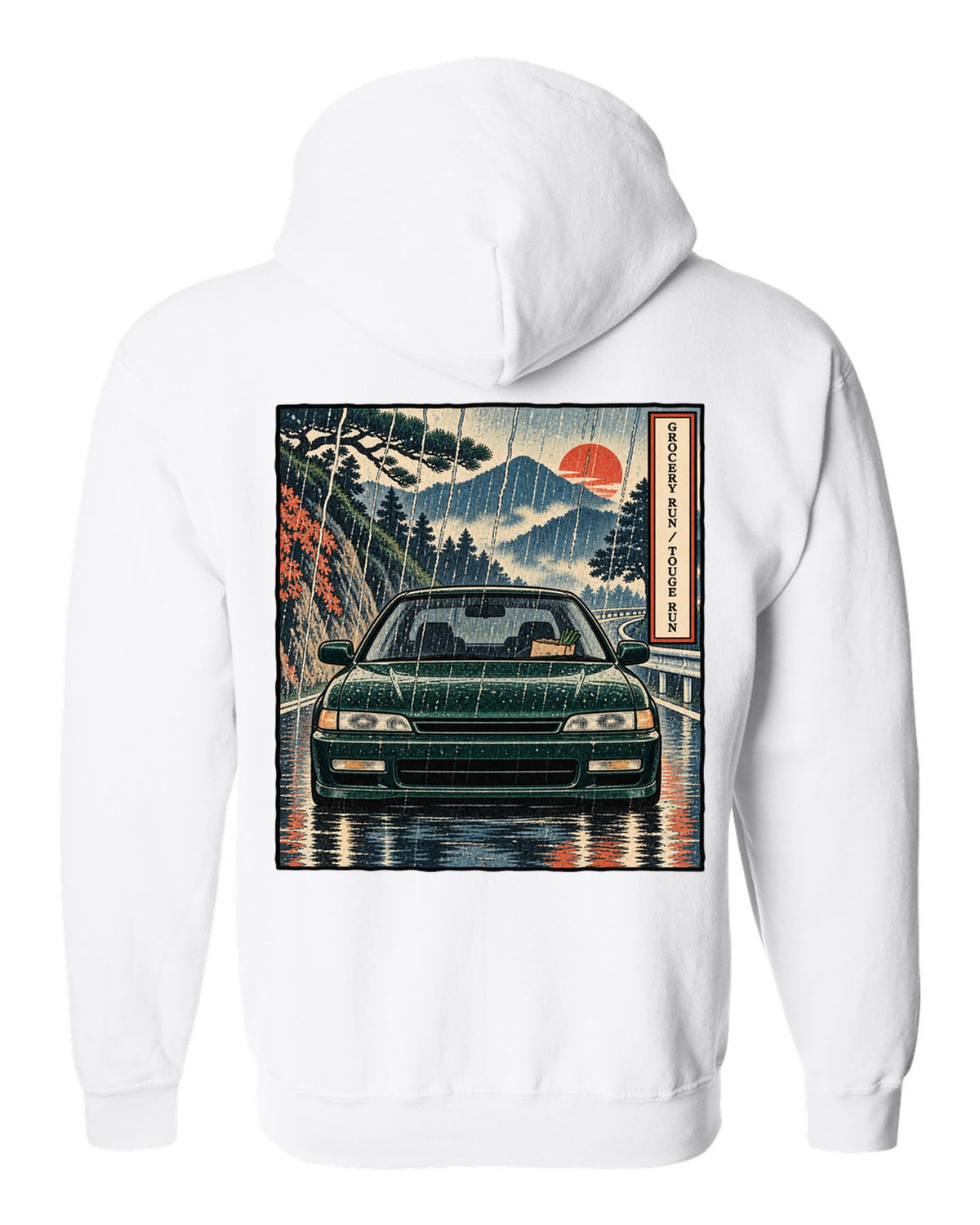 Ukiyo-e woodblock style print of a Honda Accord CD6 SiR with grocery run touge run text white zip hoodie back view with the design
