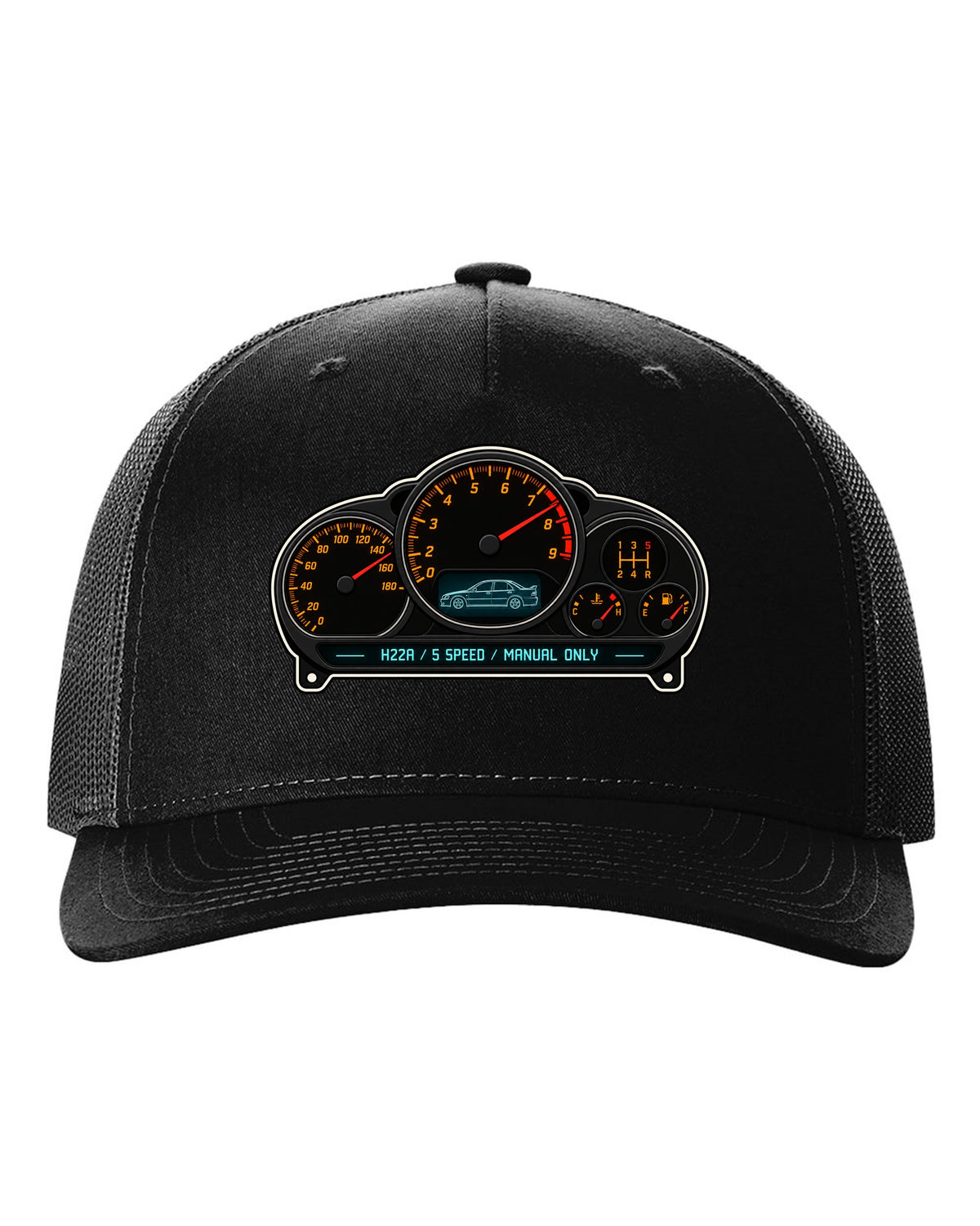 Gauge-cluster HUD design for the Honda Accord Euro R CL1 with H22A text black hat front view with the design
