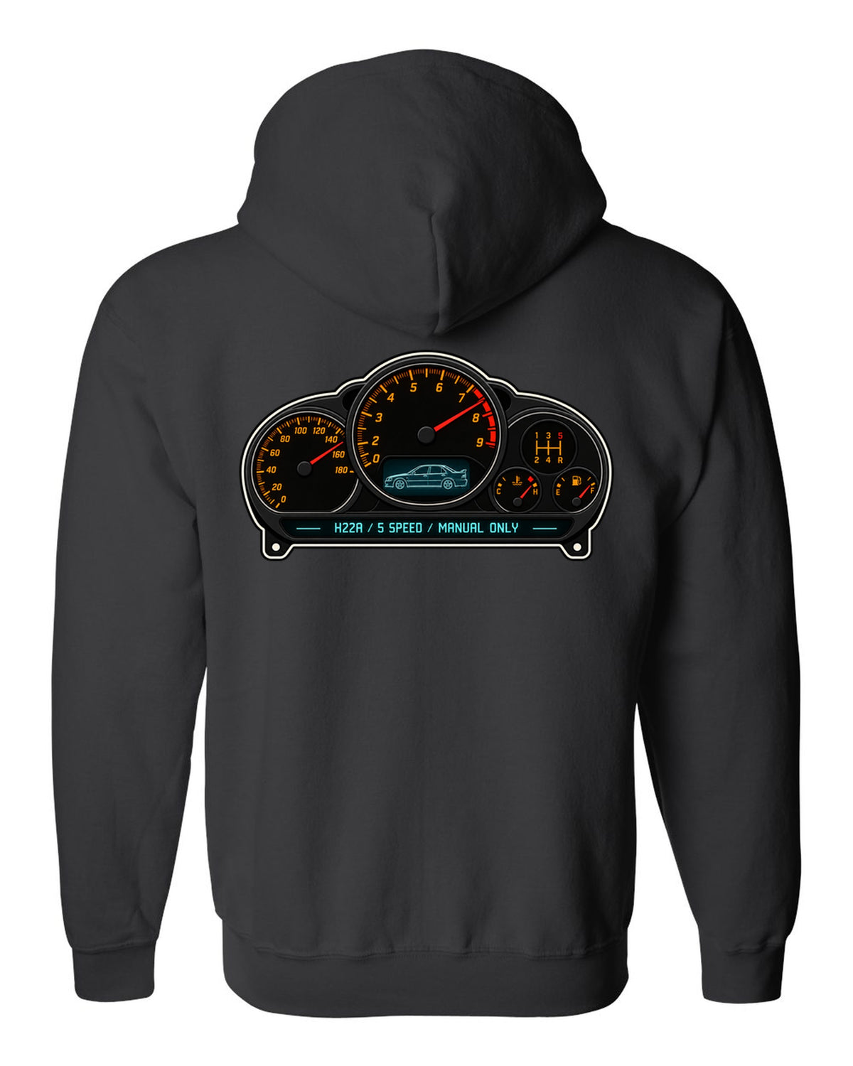 Gauge-cluster HUD design for the Honda Accord Euro R CL1 with H22A text black zip hoodie back view with the design