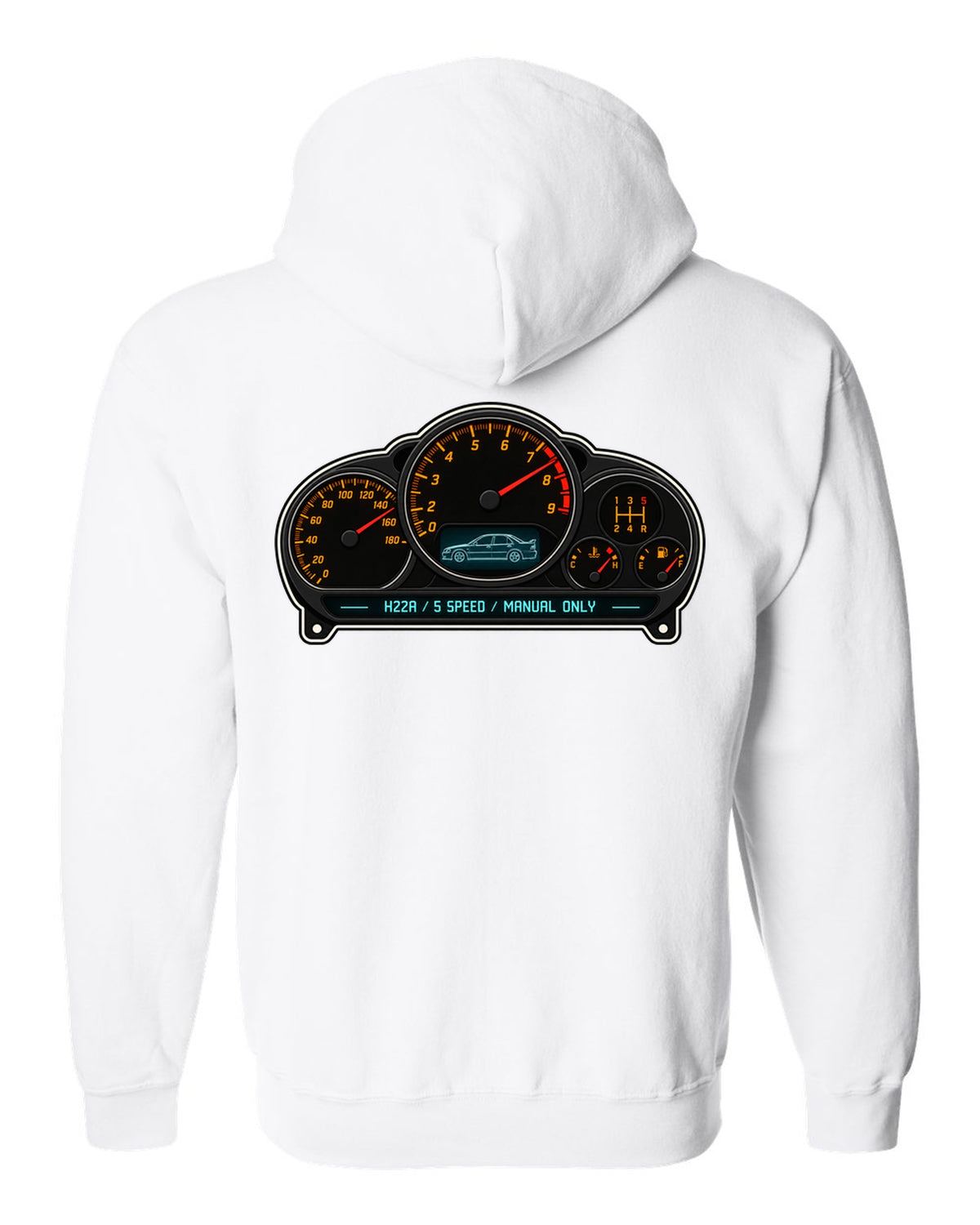 Gauge-cluster HUD design for the Honda Accord Euro R CL1 with H22A text white zip hoodie back view with the design