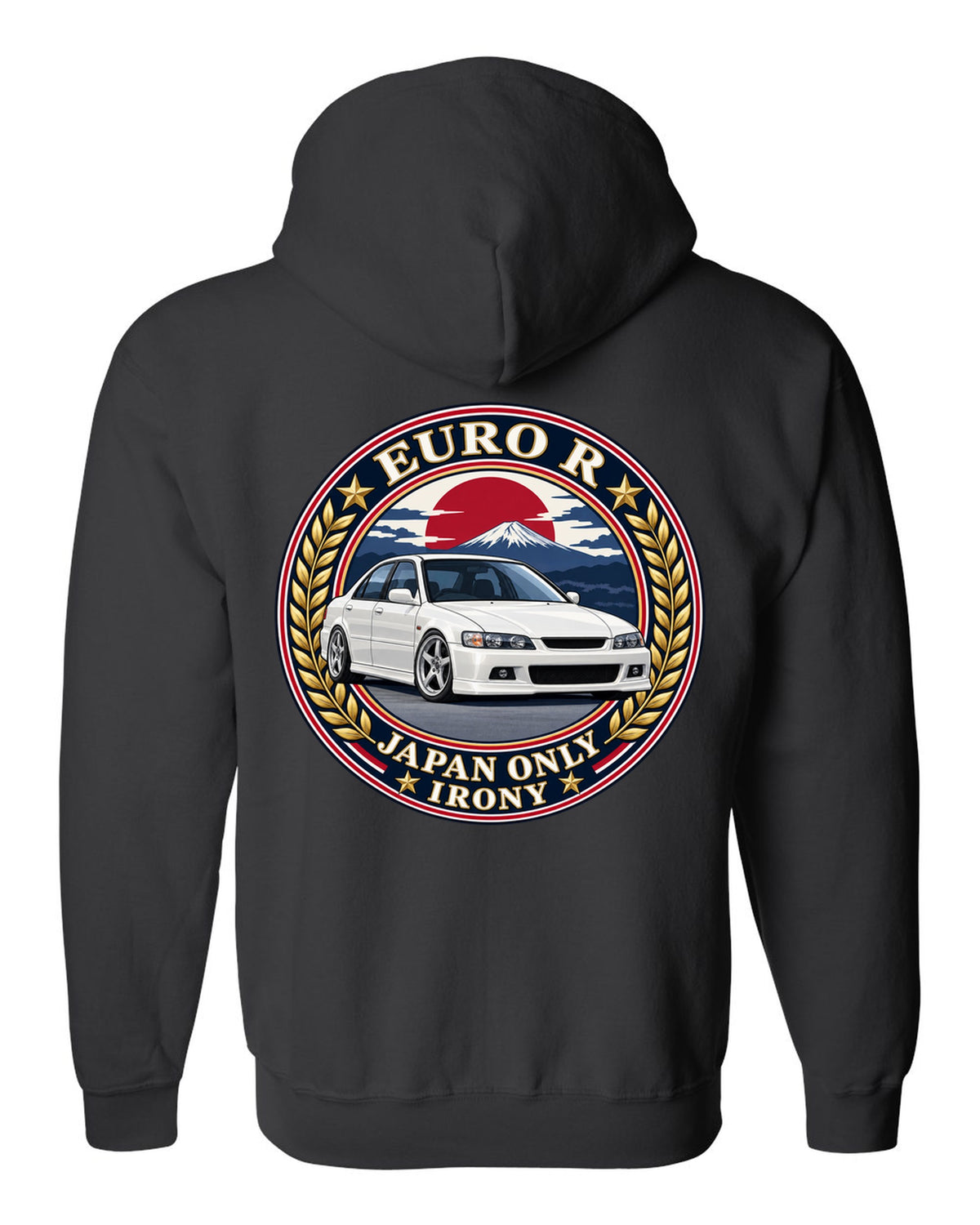 Crest layout print for the Honda Accord Euro R CL1 with Japan Only text black zip hoodie back view with the design