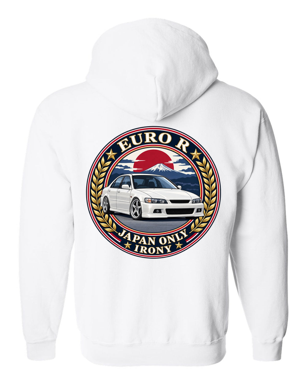 Crest layout print for the Honda Accord Euro R CL1 with Japan Only text white zip hoodie back view with the design