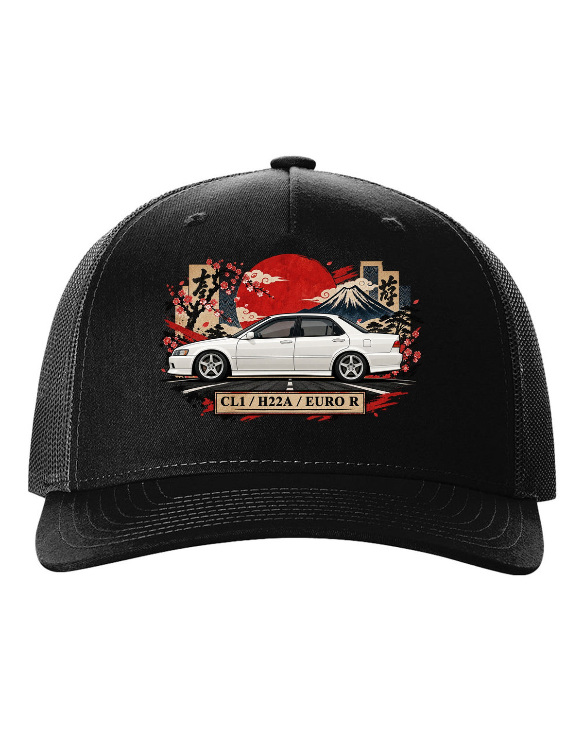 Japanese kanji plate collage print for the Honda Accord Euro R CL1 with H22A text black hat front view with the design