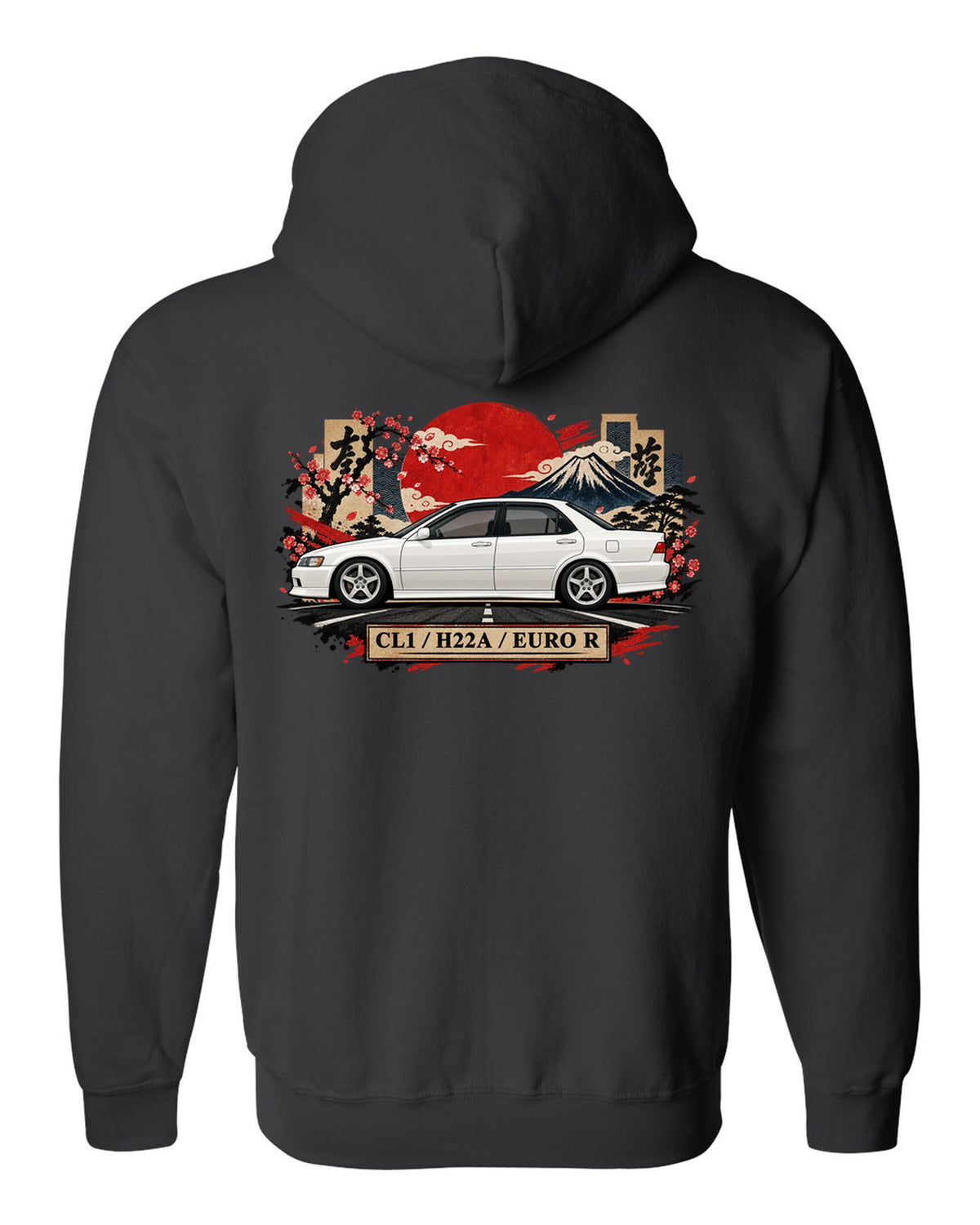 Japanese kanji plate collage print for the Honda Accord Euro R CL1 with H22A text black zip hoodie back view with the design