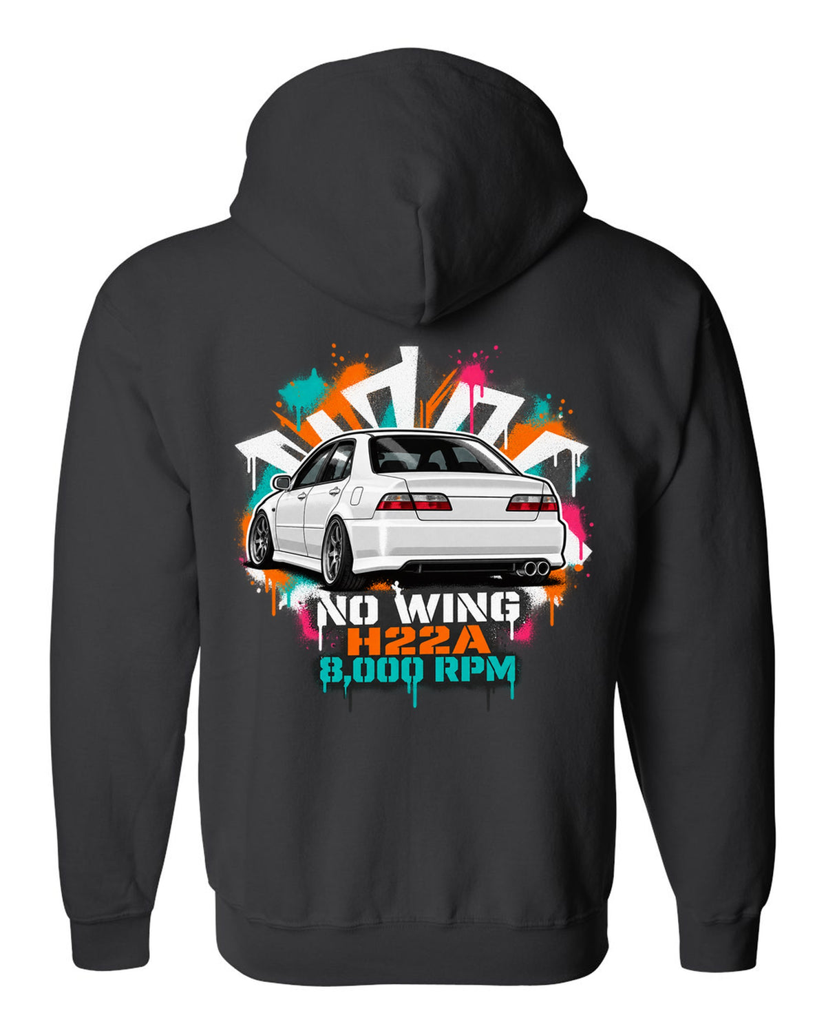 Stencil spray street art print of a Honda Accord Euro R CL1 with no wing H22A 8,000 RPM text black zip hoodie back view with the design