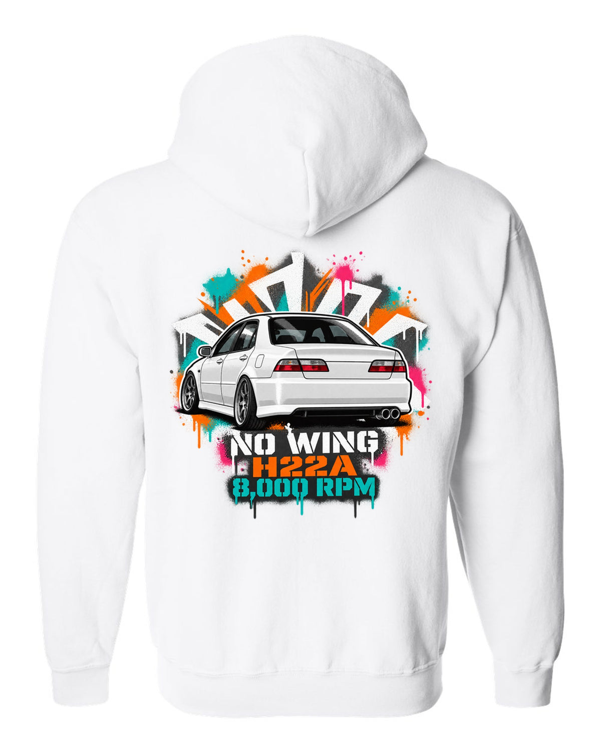 Stencil spray street art print of a Honda Accord Euro R CL1 with no wing H22A 8,000 RPM text white zip hoodie back view with the design