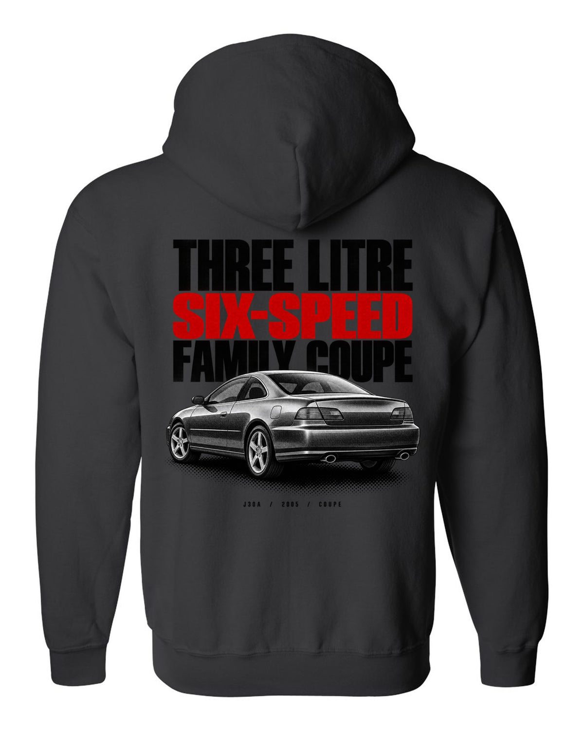 Halftone print for the 2005 Honda Accord V6 coupe reading three litre, six-speed, family coupe black zip hoodie back view with the design
