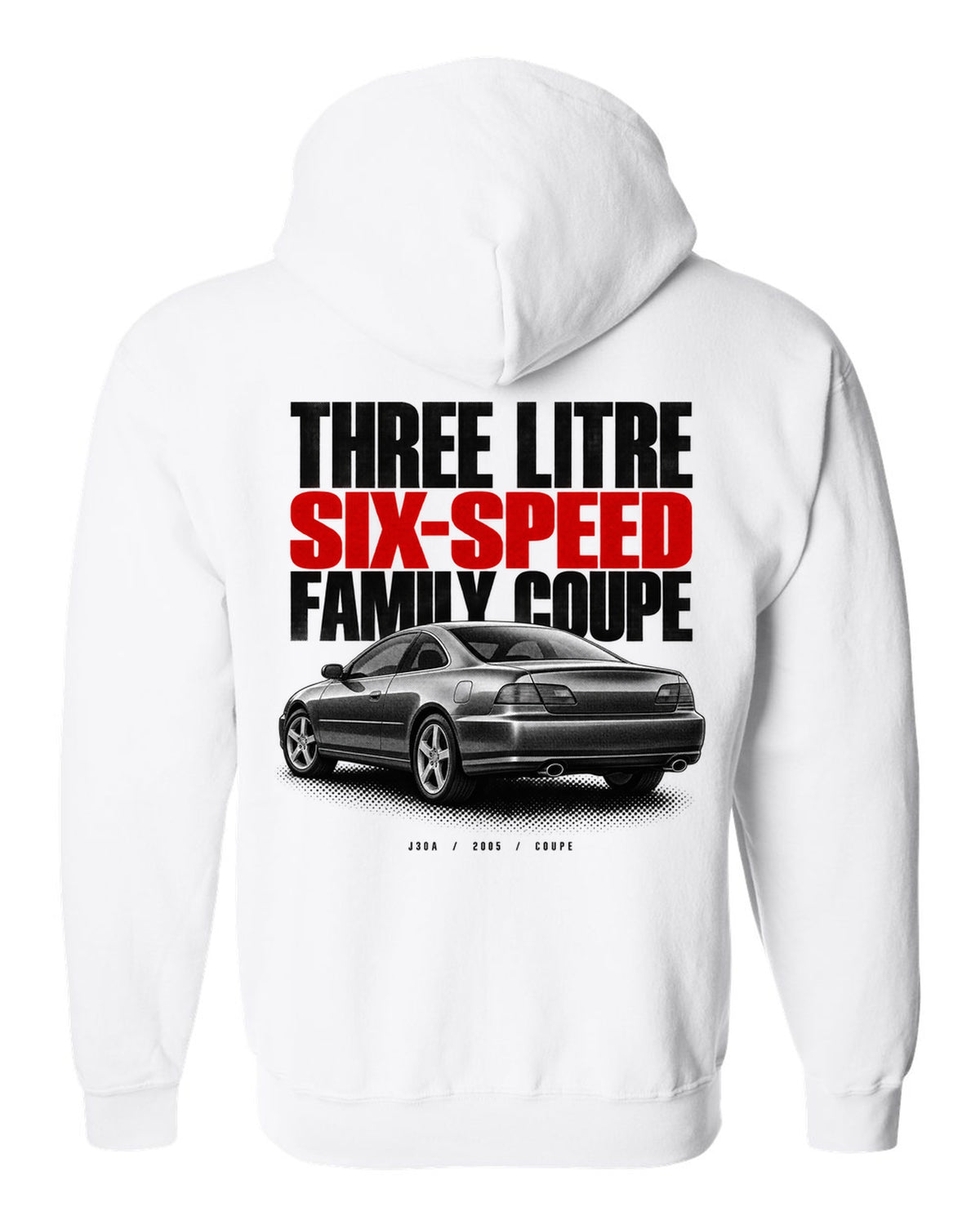 Halftone print for the 2005 Honda Accord V6 coupe reading three litre, six-speed, family coupe white zip hoodie back view with the design