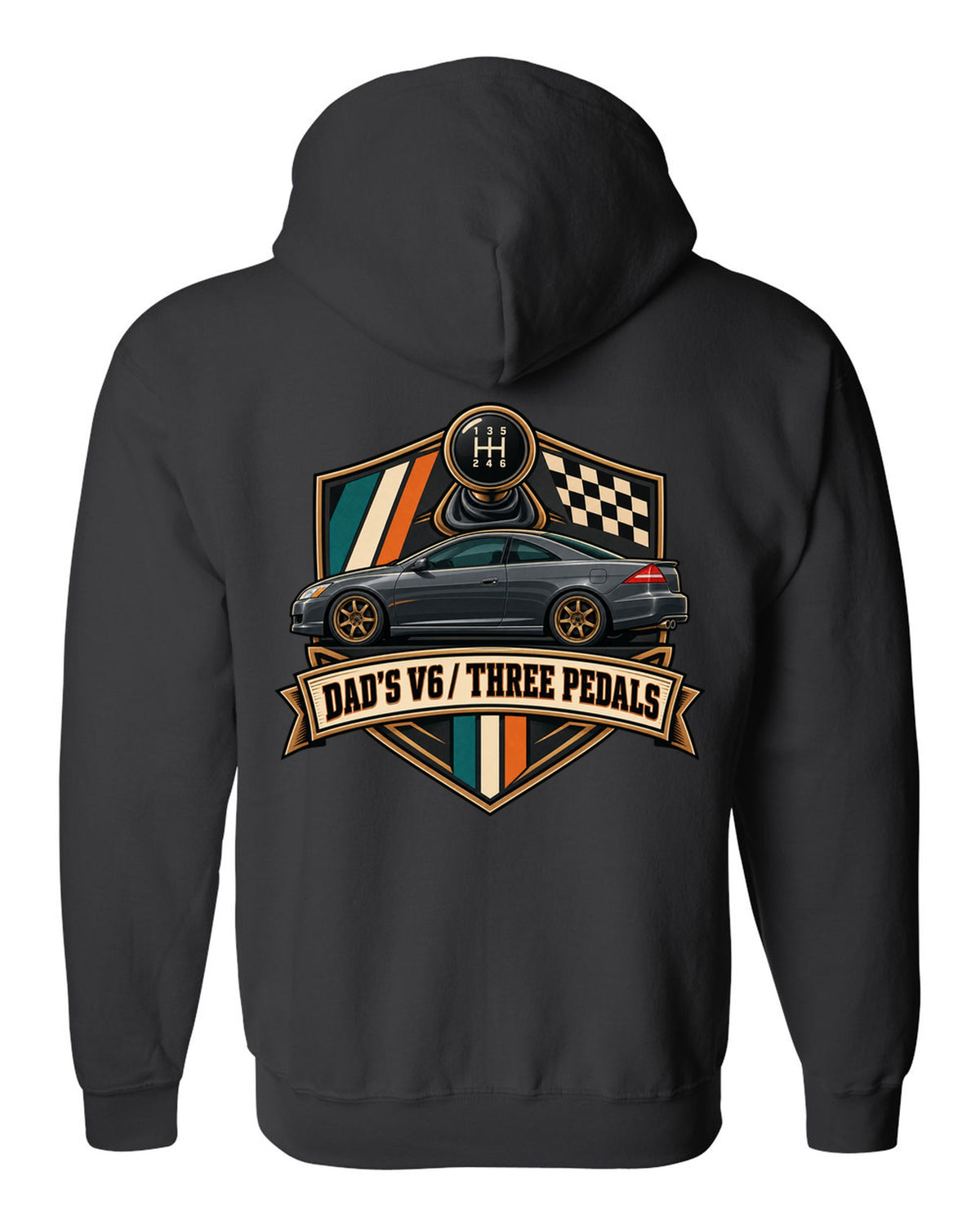 Crest layout print for the Honda Accord V6 Coupe with three pedals text black zip hoodie back view with the design