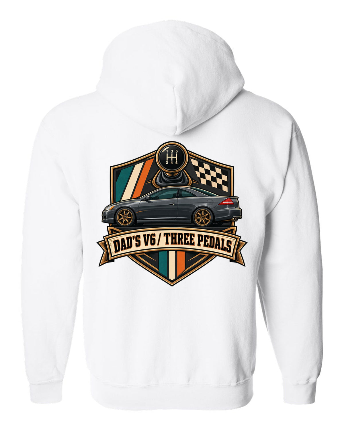 Crest layout print for the Honda Accord V6 Coupe with three pedals text white zip hoodie back view with the design