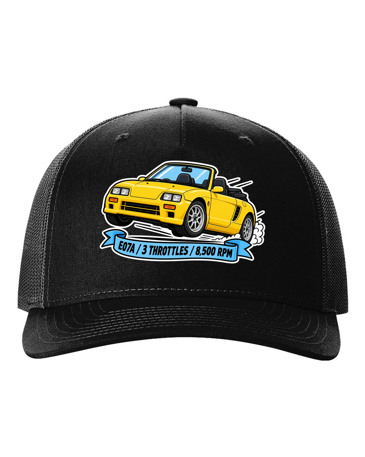 Sticker-style illustration of a Honda Beat PP1 with E07A engine and 8,500 rpm lettering black hat front view with the design