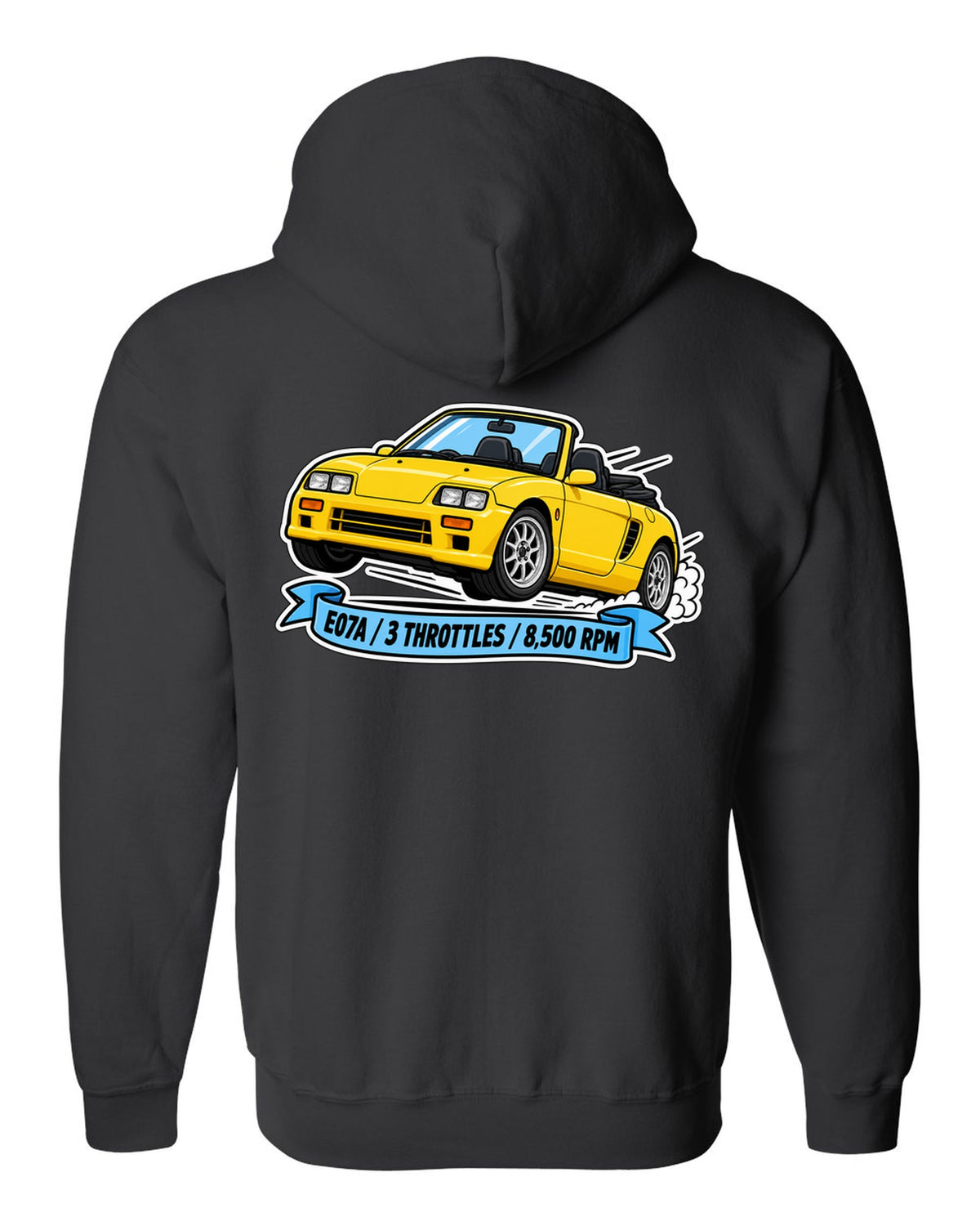 Sticker-style illustration of a Honda Beat PP1 with E07A engine and 8,500 rpm lettering black zip hoodie back view with the design