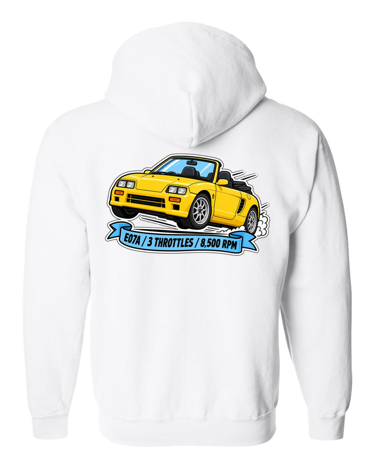 Sticker-style illustration of a Honda Beat PP1 with E07A engine and 8,500 rpm lettering white zip hoodie back view with the design