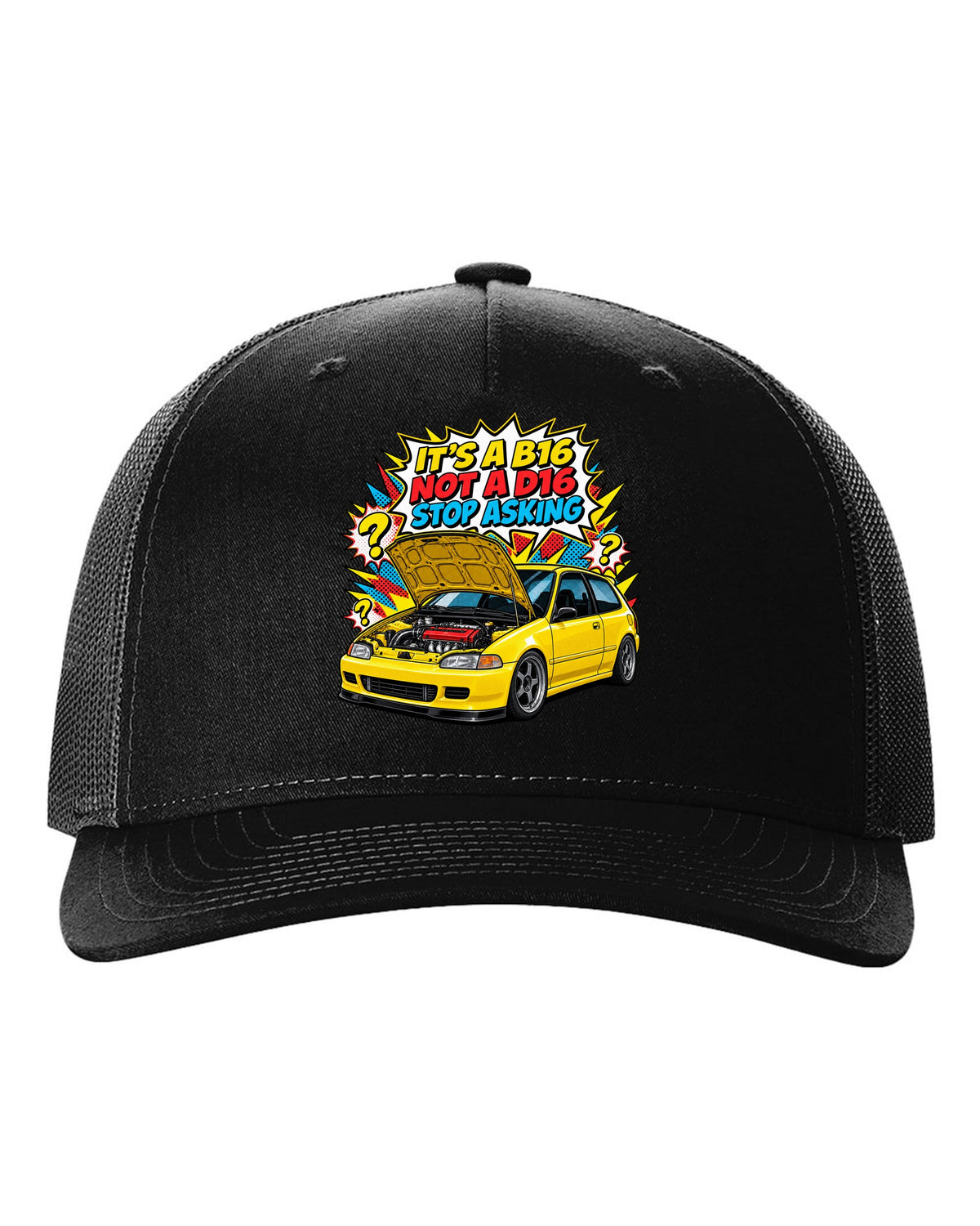 Comic action burst print of a 1992 Honda Civic EG6 ch with it's a B16 not a D16 text black hat front view with the design