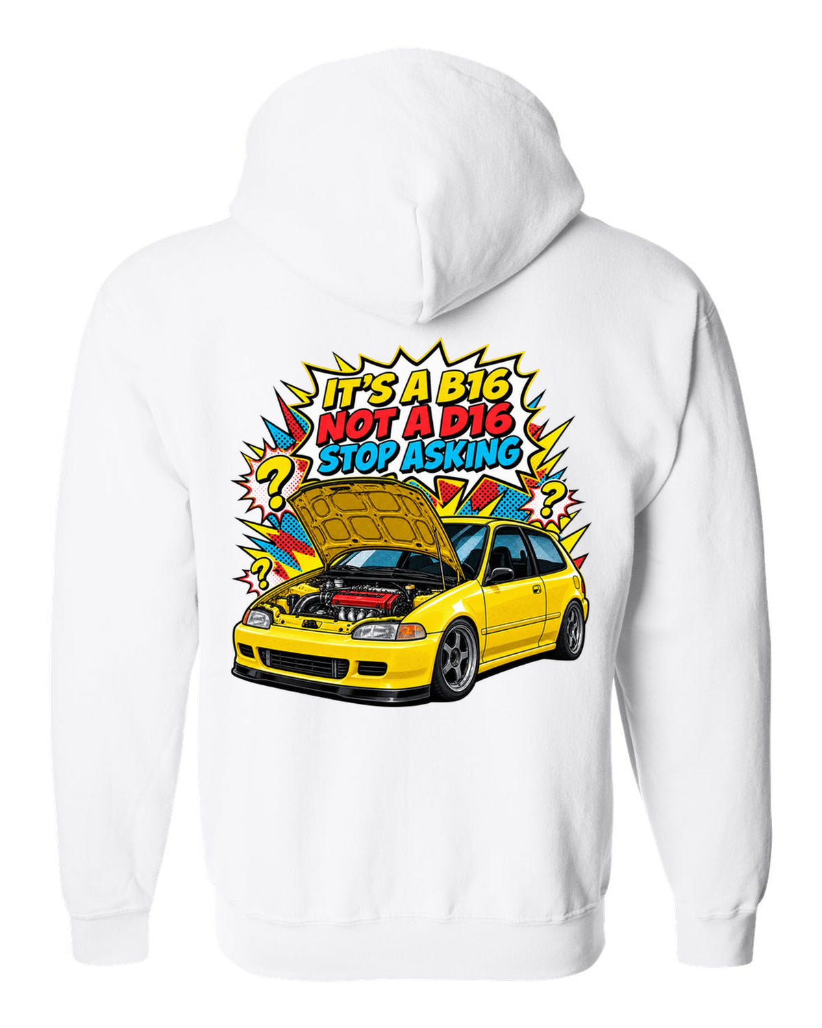 Comic action burst print of a 1992 Honda Civic EG6 ch with it's a B16 not a D16 text white zip hoodie back view with the design