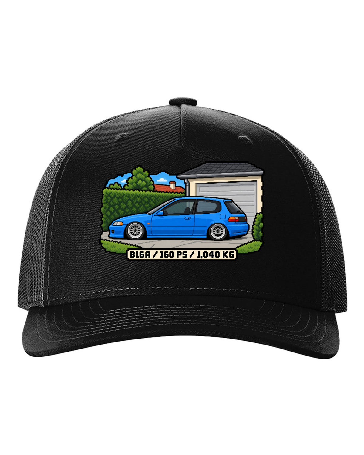 16-bit pixel art print of a 1992 Honda Civic EG6 ch with B16A and 160 PS text black hat front view with the design