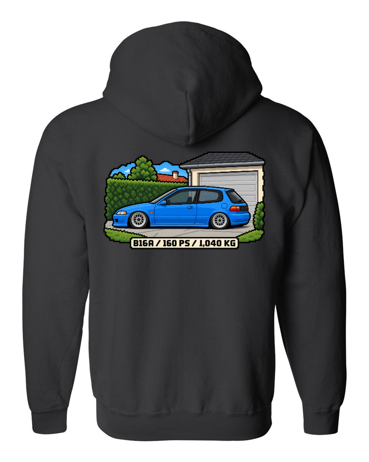 16-bit pixel art print of a 1992 Honda Civic EG6 ch with B16A and 160 PS text black zip hoodie back view with the design