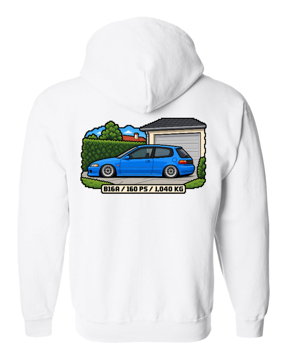 16-bit pixel art print of a 1992 Honda Civic EG6 ch with B16A and 160 PS text white zip hoodie back view with the design