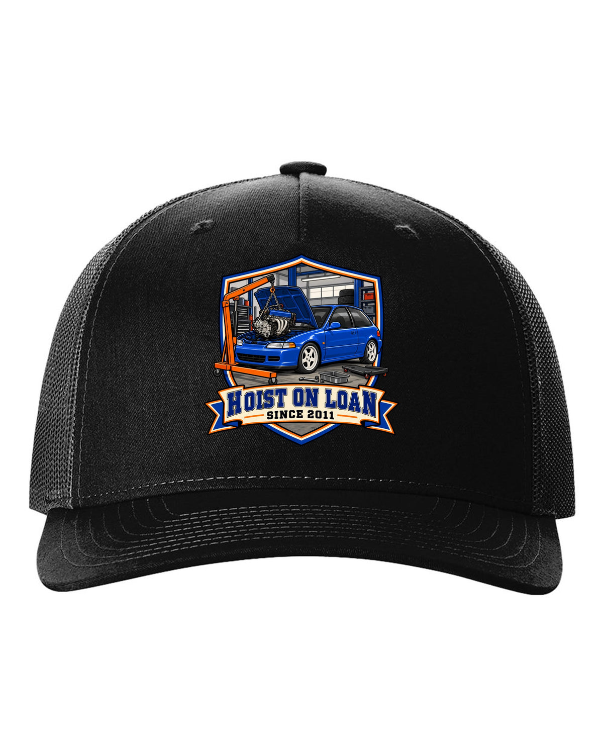 Embroidery patch style print of a 1992 Honda Civic EG6 ch with hoist on loan since 2011 text black hat front view with the design