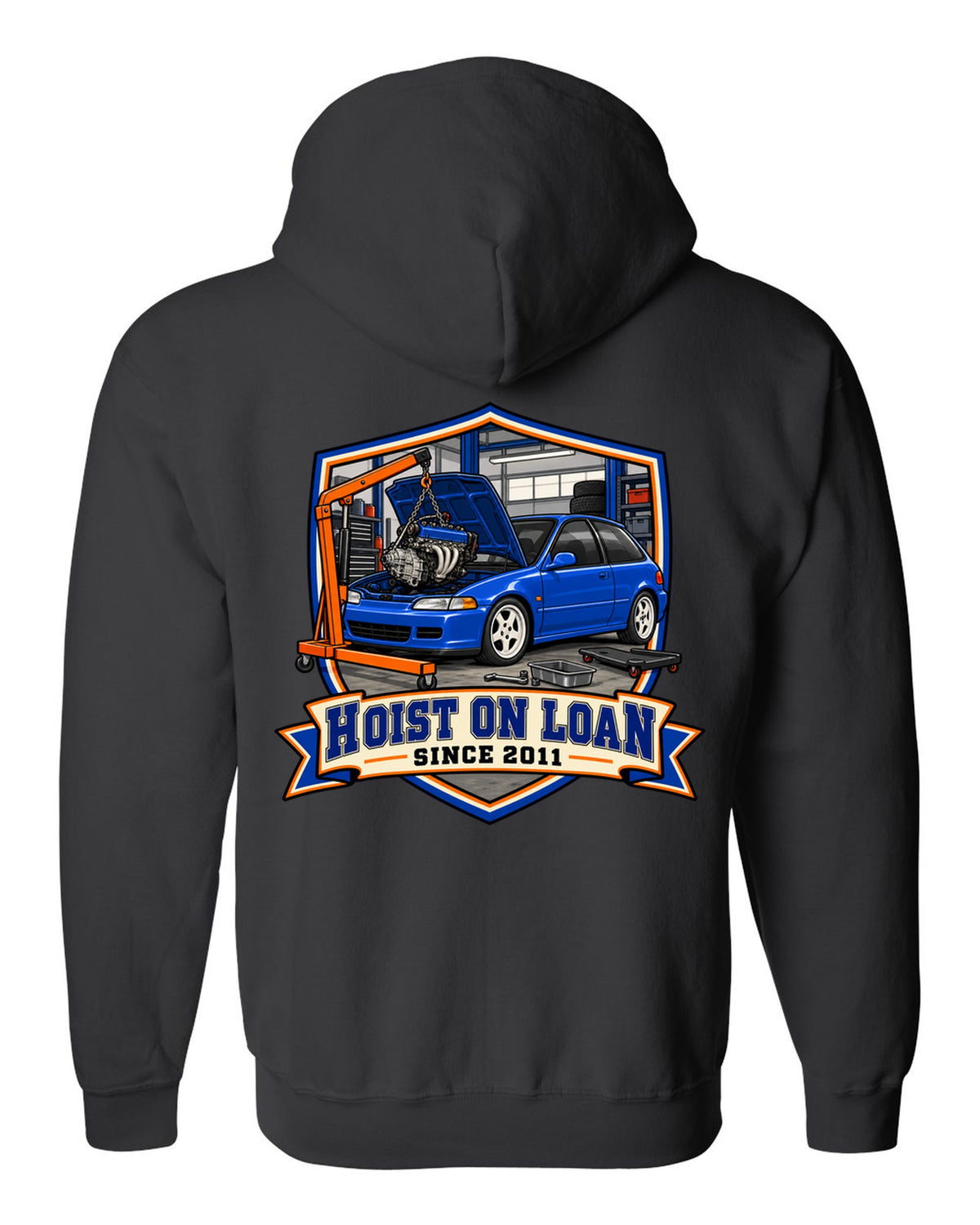 Embroidery patch style print of a 1992 Honda Civic EG6 ch with hoist on loan since 2011 text black zip hoodie back view with the design