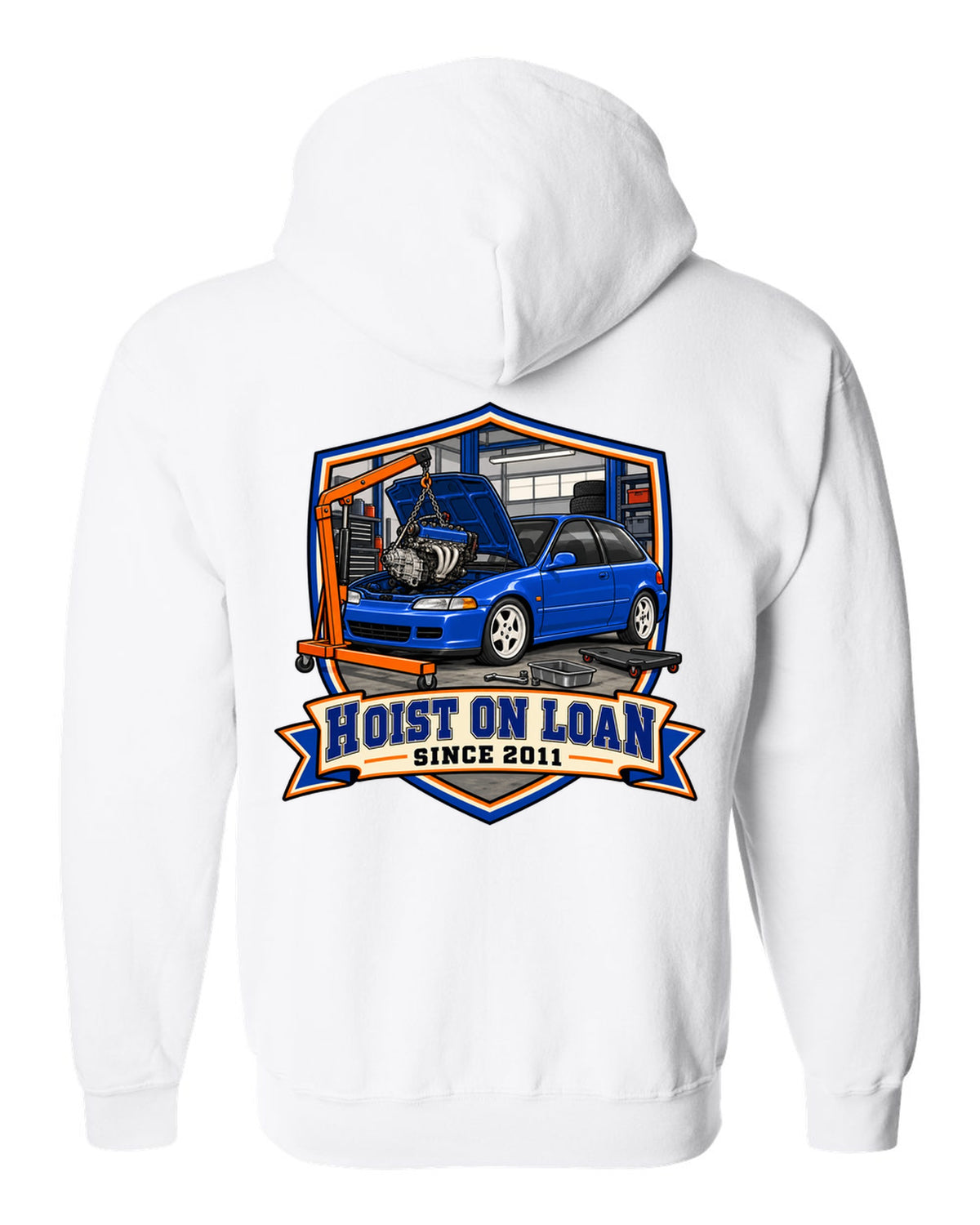 Embroidery patch style print of a 1992 Honda Civic EG6 ch with hoist on loan since 2011 text white zip hoodie back view with the design