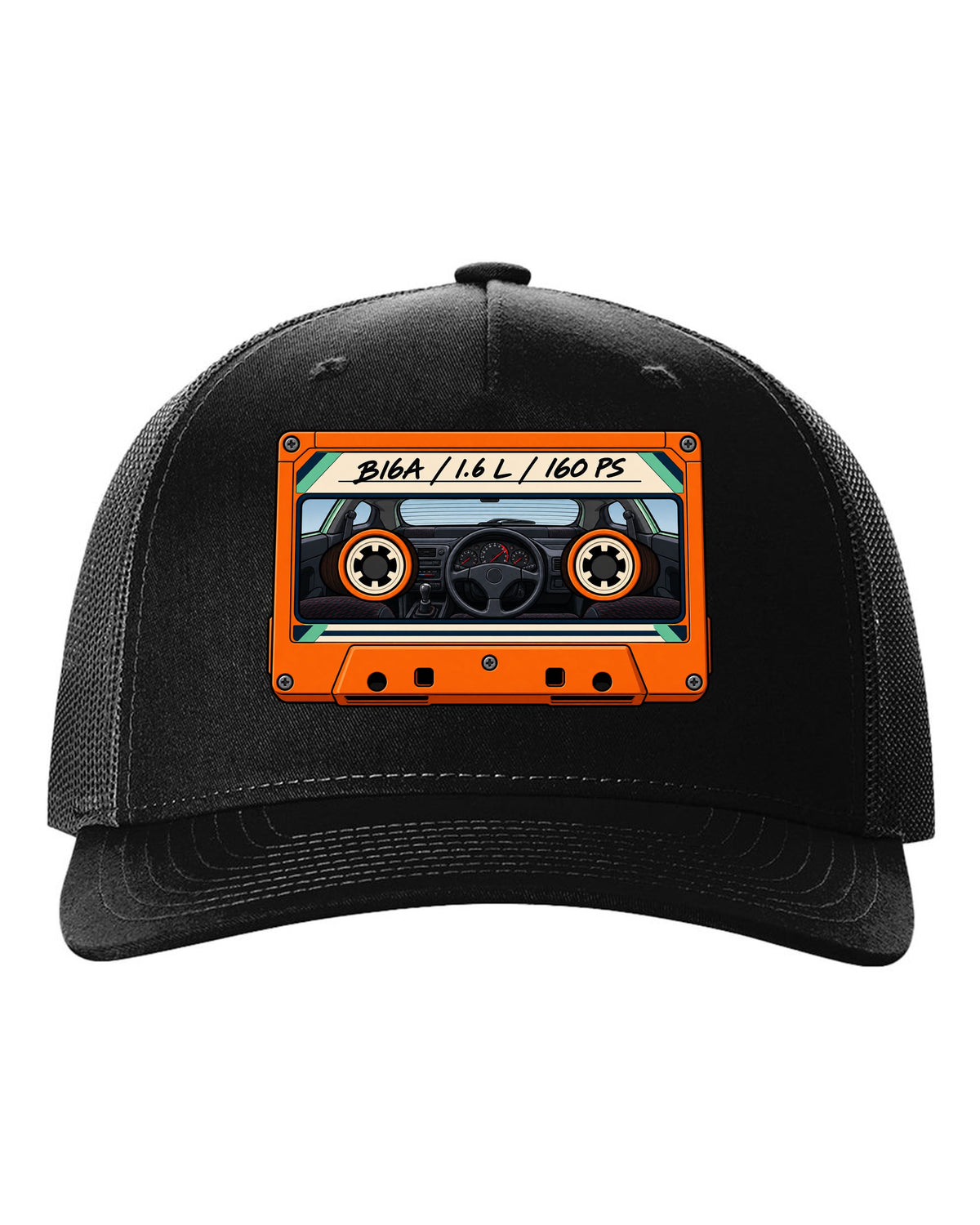 Lo-fi cassette label style print for a Honda Civic EG6 SiR with B16A 1.6 L 160 PS text black hat front view with the design