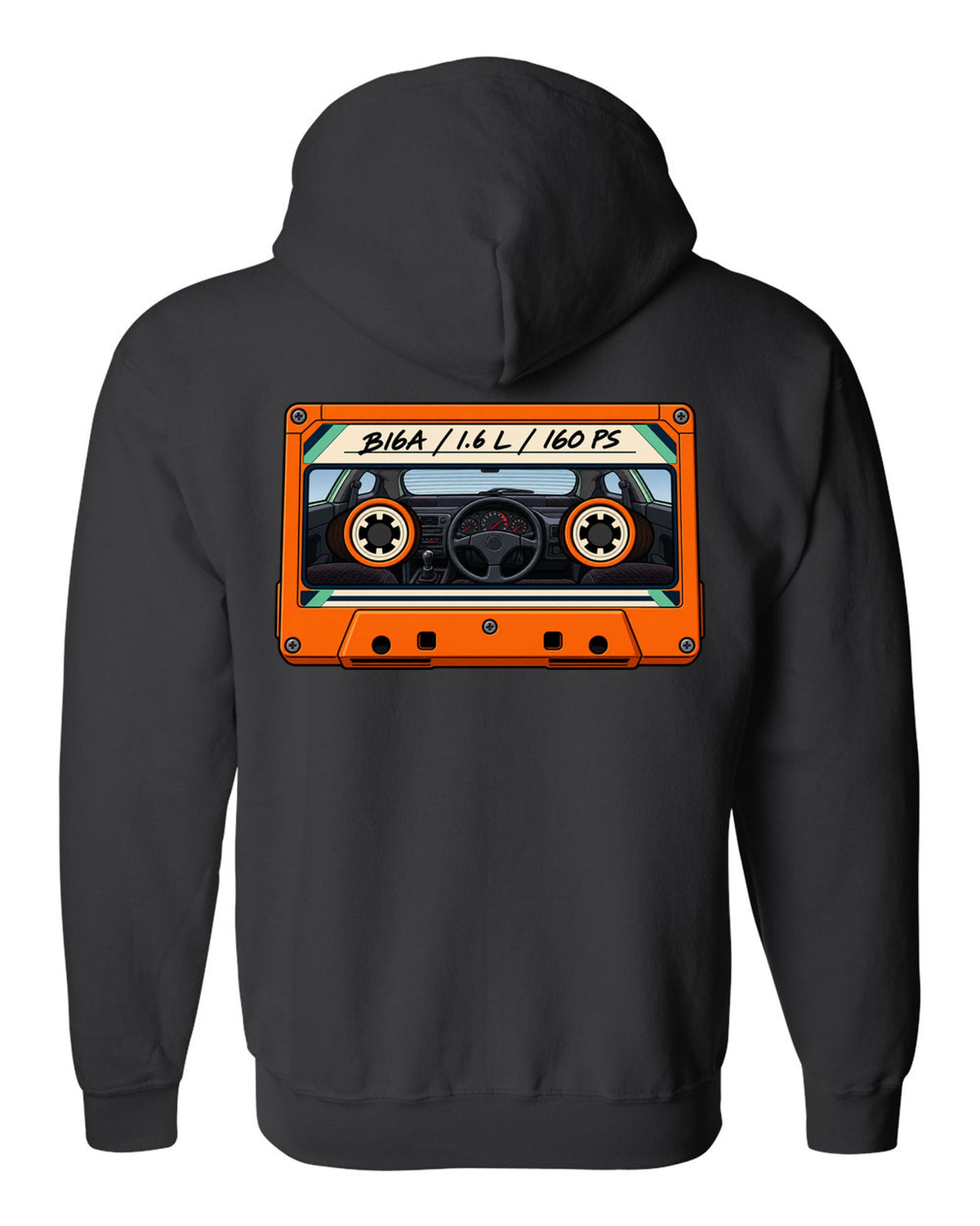 Lo-fi cassette label style print for a Honda Civic EG6 SiR with B16A 1.6 L 160 PS text black zip hoodie back view with the design