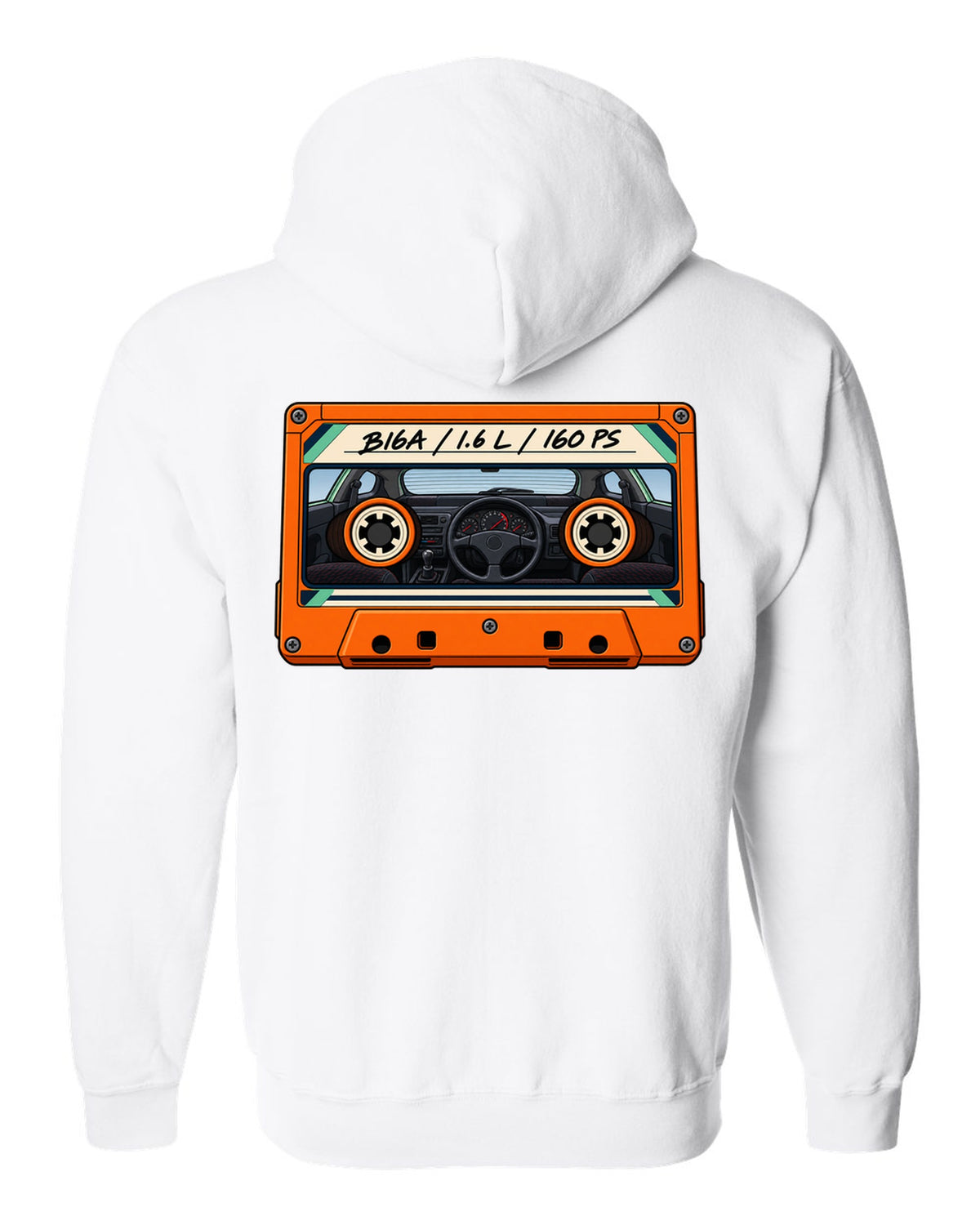 Lo-fi cassette label style print for a Honda Civic EG6 SiR with B16A 1.6 L 160 PS text white zip hoodie back view with the design