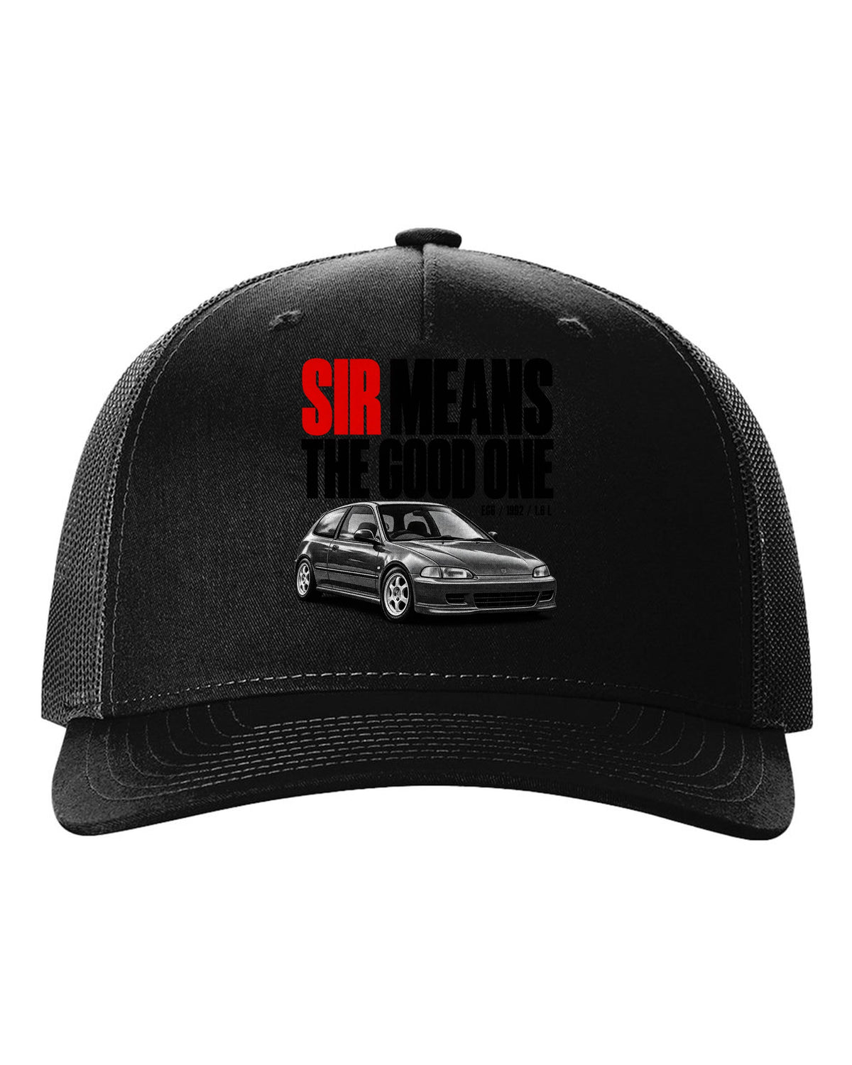 Halftone print of a 1992 Honda Civic EG6 SiR chback with SiR text black hat front view with the design