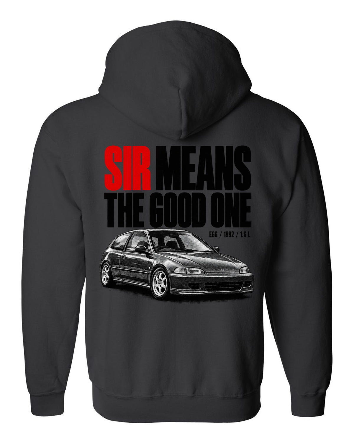 Halftone print of a 1992 Honda Civic EG6 SiR chback with SiR text black zip hoodie back view with the design