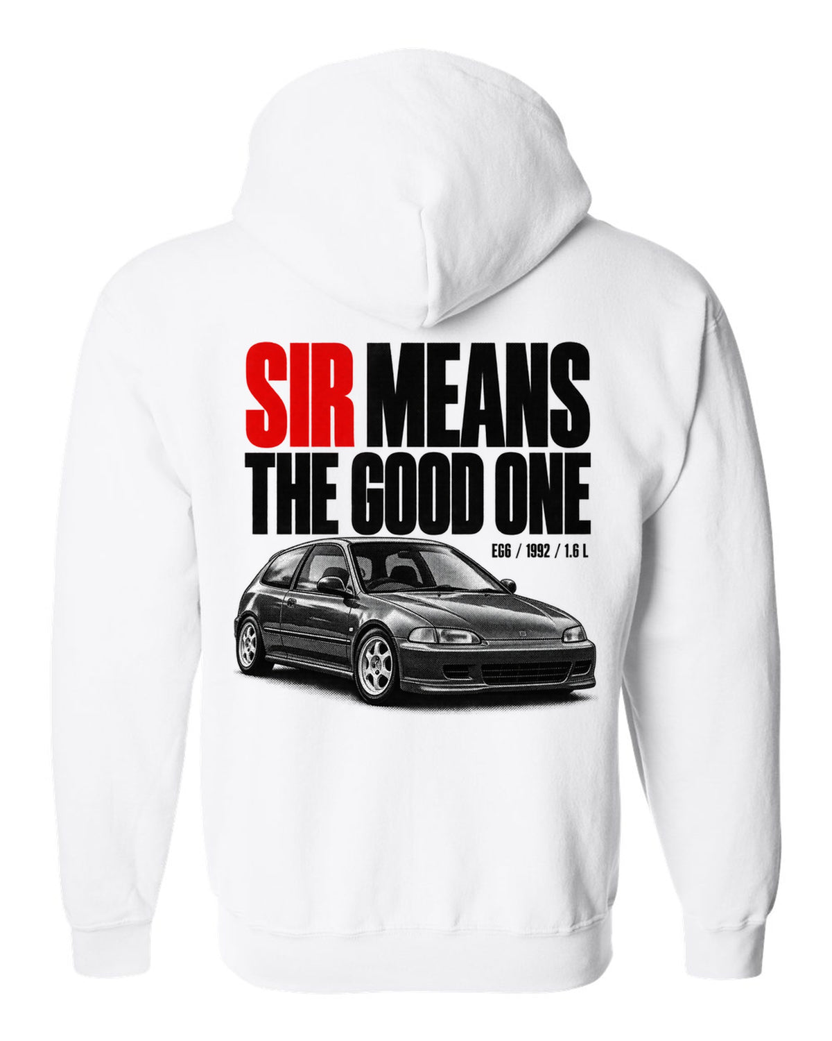 Halftone print of a 1992 Honda Civic EG6 SiR chback with SiR text white zip hoodie back view with the design