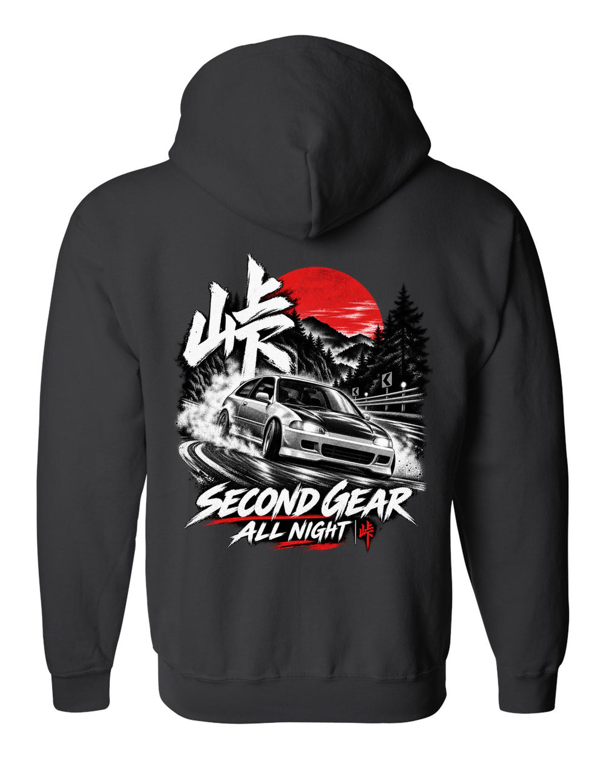Touge night print of a 1992 Honda Civic EG6 SiR chback with second gear text black zip hoodie back view with the design