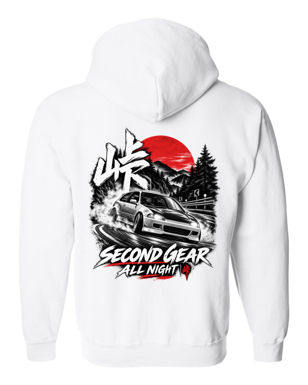 Touge night print of a 1992 Honda Civic EG6 SiR chback with second gear text white zip hoodie back view with the design