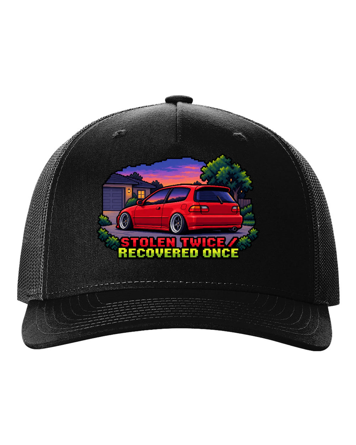 16-bit pixel art Honda Civic EG6 SiR print with stolen twice text black hat front view with the design