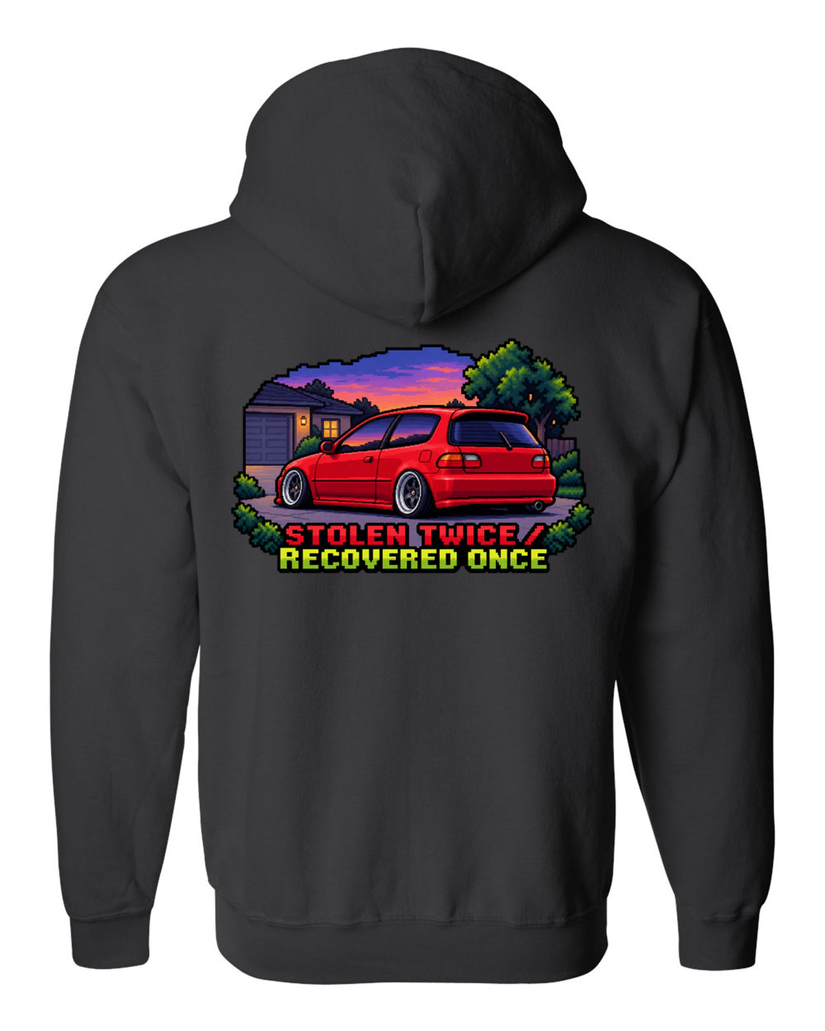 16-bit pixel art Honda Civic EG6 SiR print with stolen twice text black zip hoodie back view with the design
