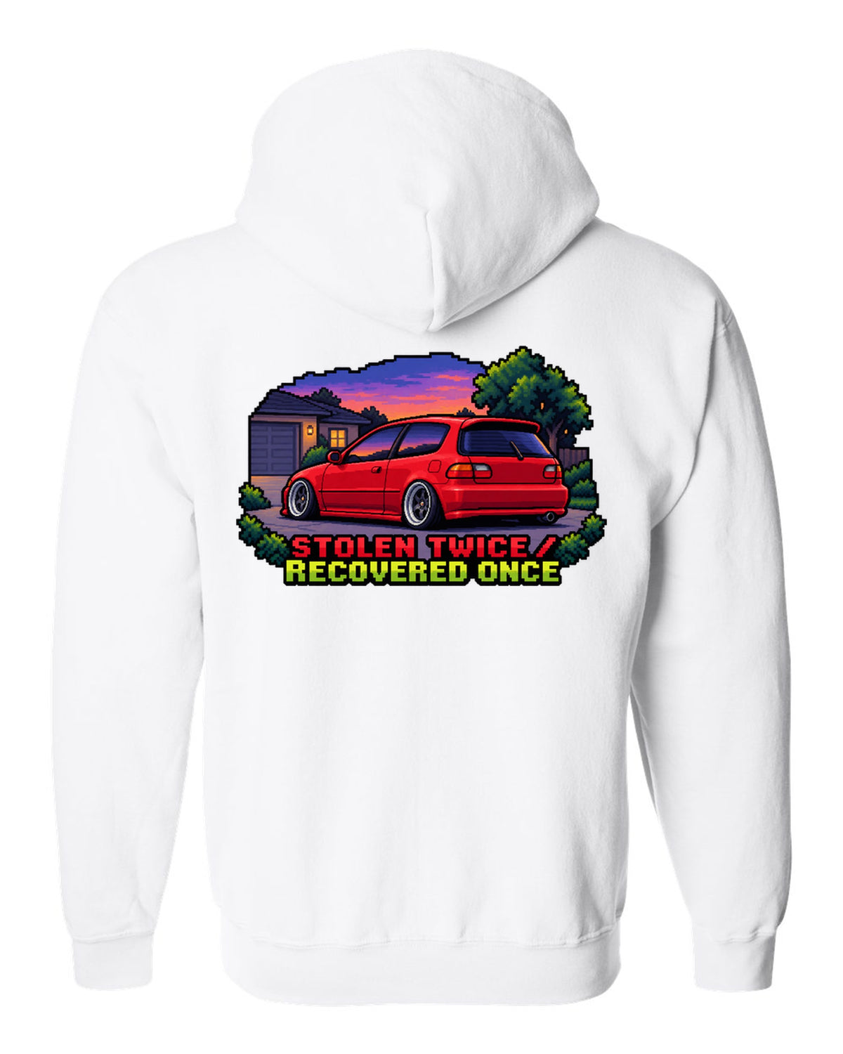 16-bit pixel art Honda Civic EG6 SiR print with stolen twice text white zip hoodie back view with the design