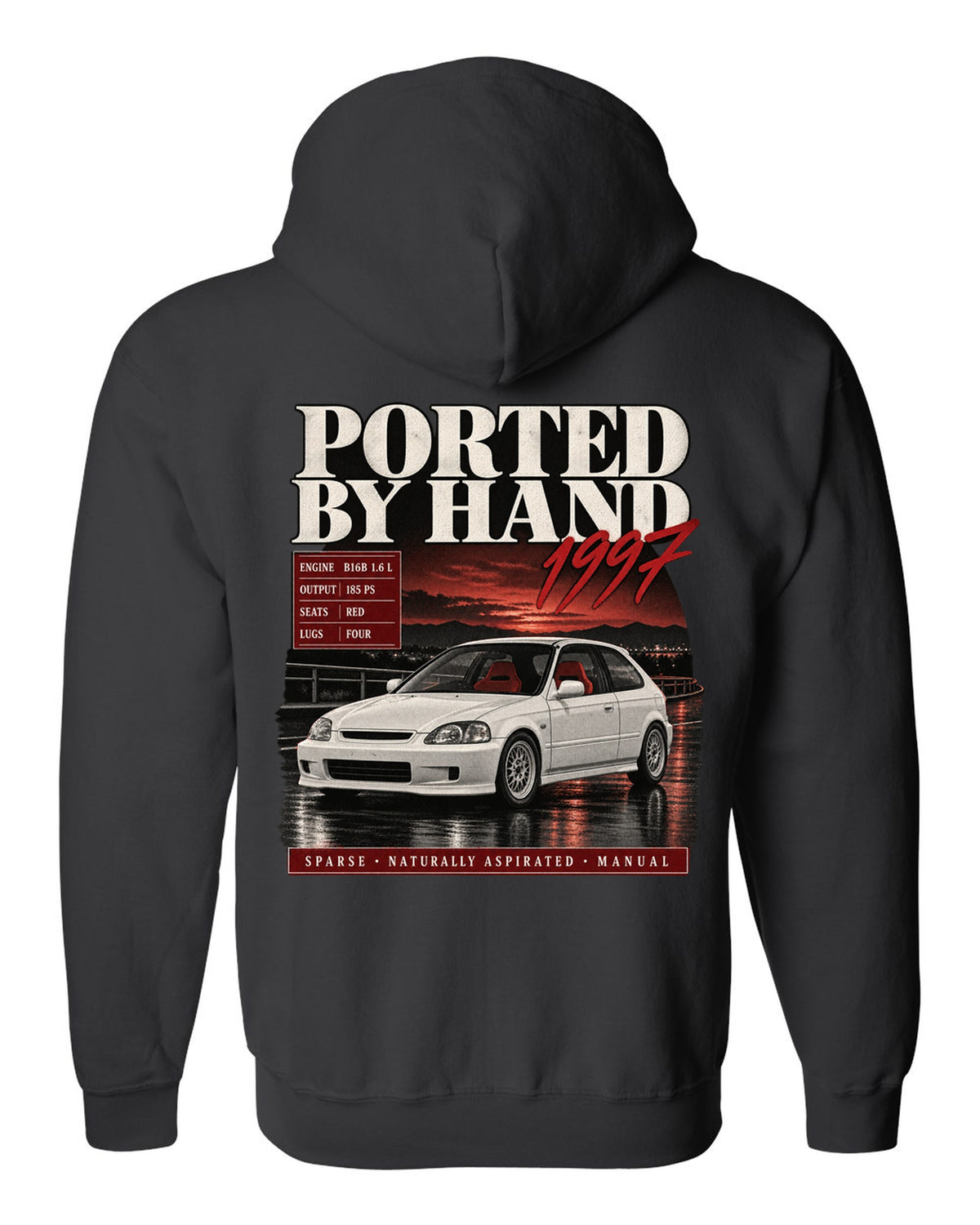 Archive panel print of a 1997 Honda Civic EK9 chback with hand-ported text black zip hoodie back view with the design