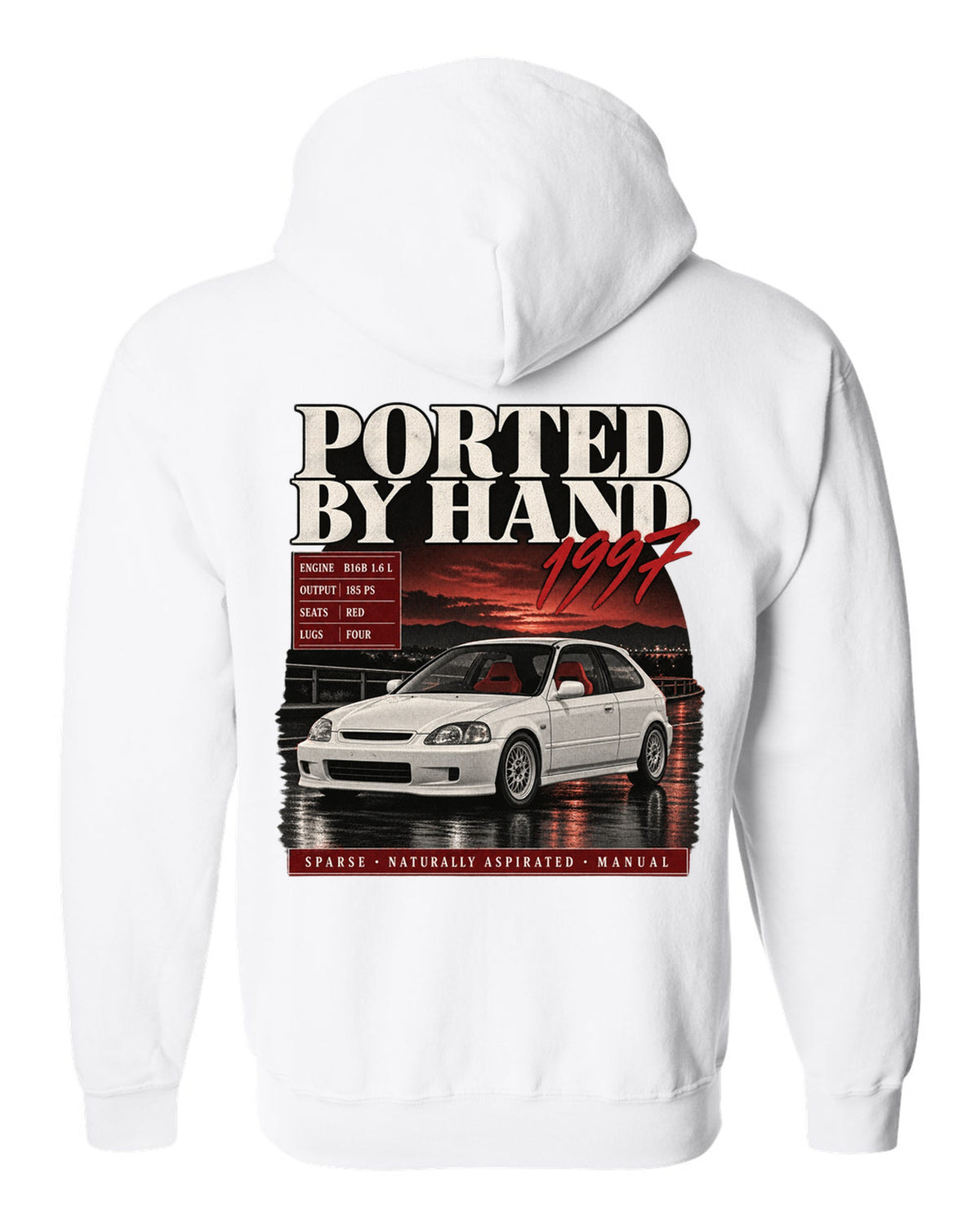 Archive panel print of a 1997 Honda Civic EK9 chback with hand-ported text white zip hoodie back view with the design