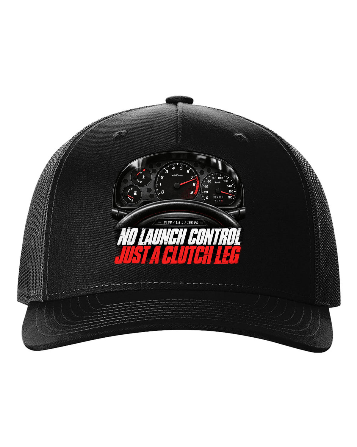 Cockpit gauge print of a 1997 Honda Civic EK9 chback with clutch leg text black hat front view with the design