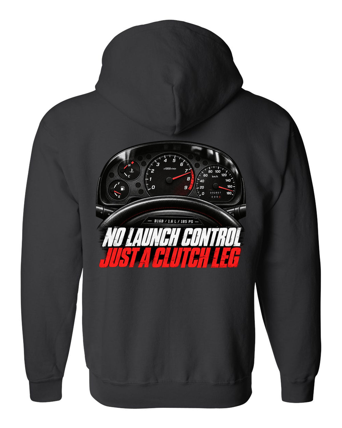 Cockpit gauge print of a 1997 Honda Civic EK9 chback with clutch leg text black zip hoodie back view with the design