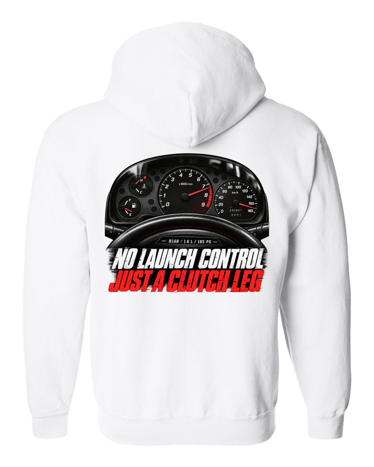 Cockpit gauge print of a 1997 Honda Civic EK9 chback with clutch leg text white zip hoodie back view with the design