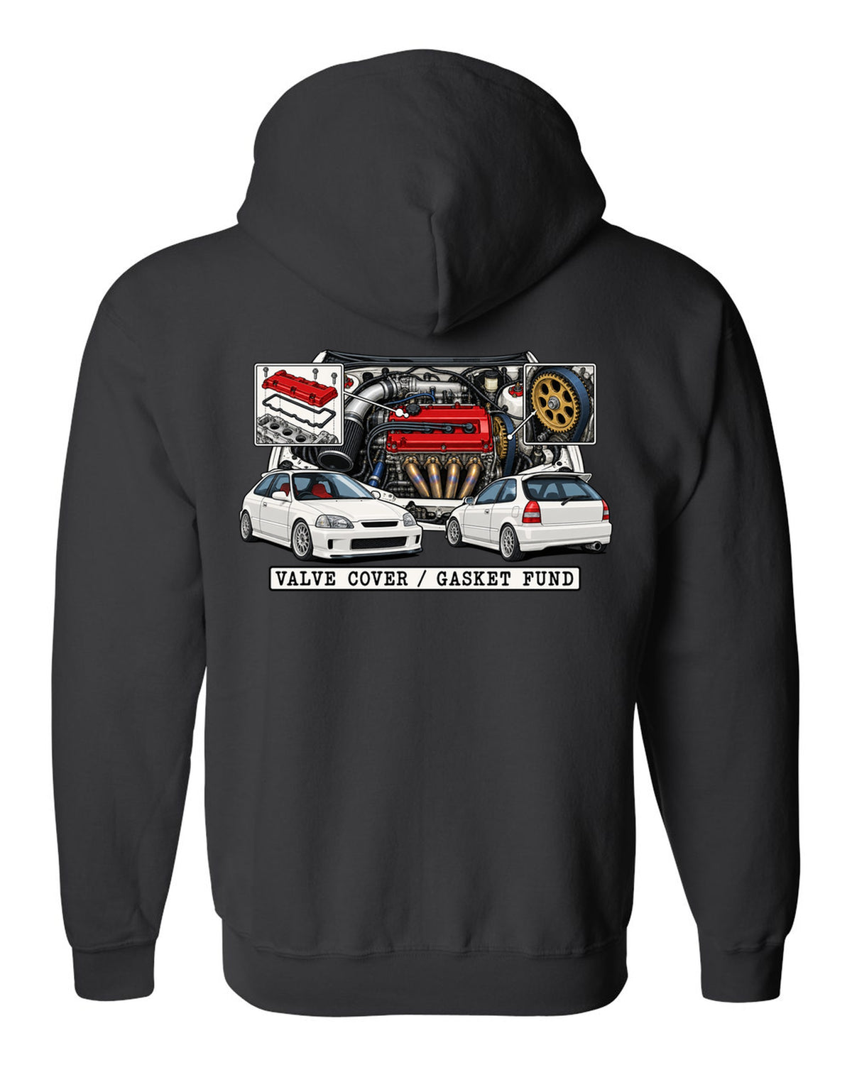 Technical patent drawing print of a 1997 Honda Civic EK9 with Valve Cover Gasket Fund lettering black zip hoodie back view with the design