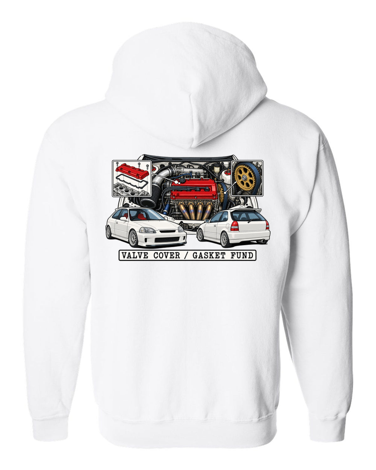 Technical patent drawing print of a 1997 Honda Civic EK9 with Valve Cover Gasket Fund lettering white zip hoodie back view with the design