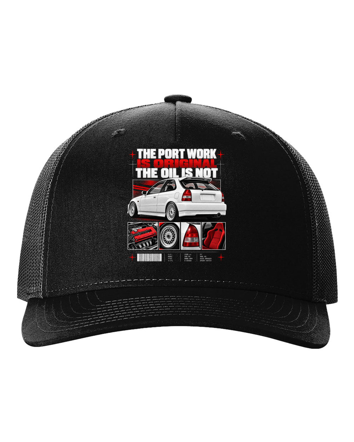 Dossier panel print of a 1998 Honda Civic EK9 chback with port work text black hat front view with the design